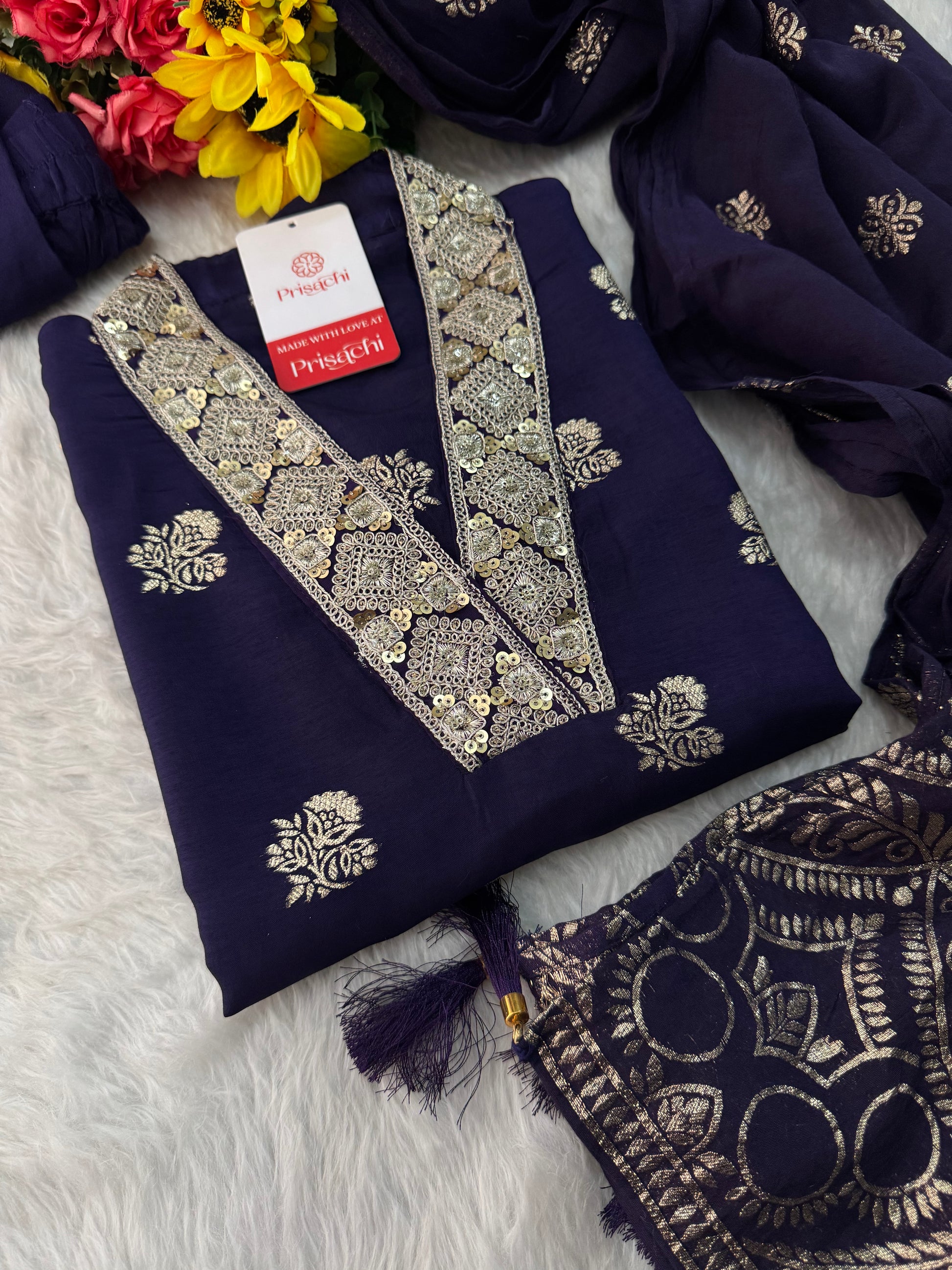 Purple Designer Embroidered Ethnic Kurta set with Pants & Banarasi Dupatta - Prisachi Official