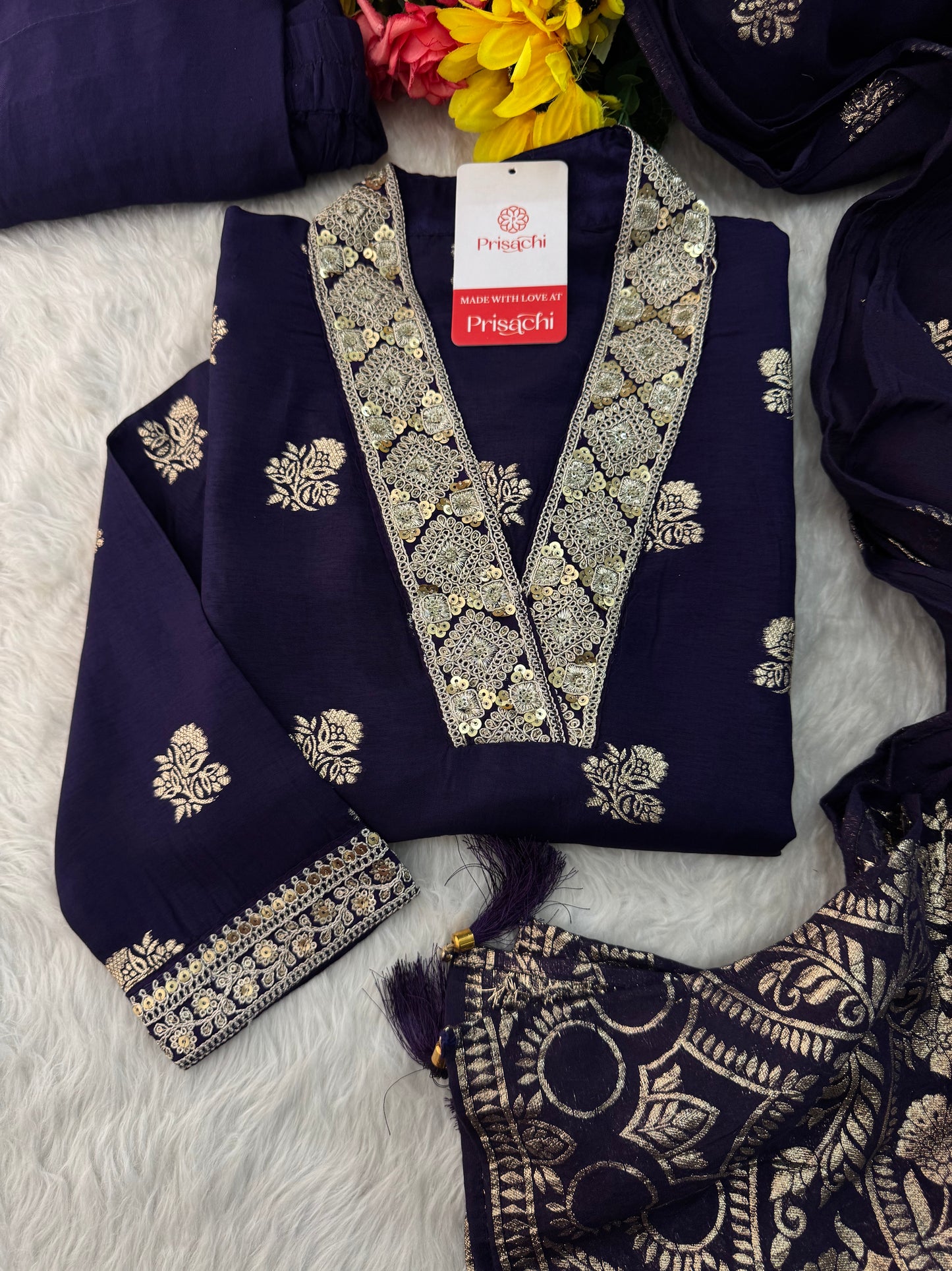 Purple Designer Embroidered Ethnic Kurta set with Pants & Banarasi Dupatta - Prisachi Official