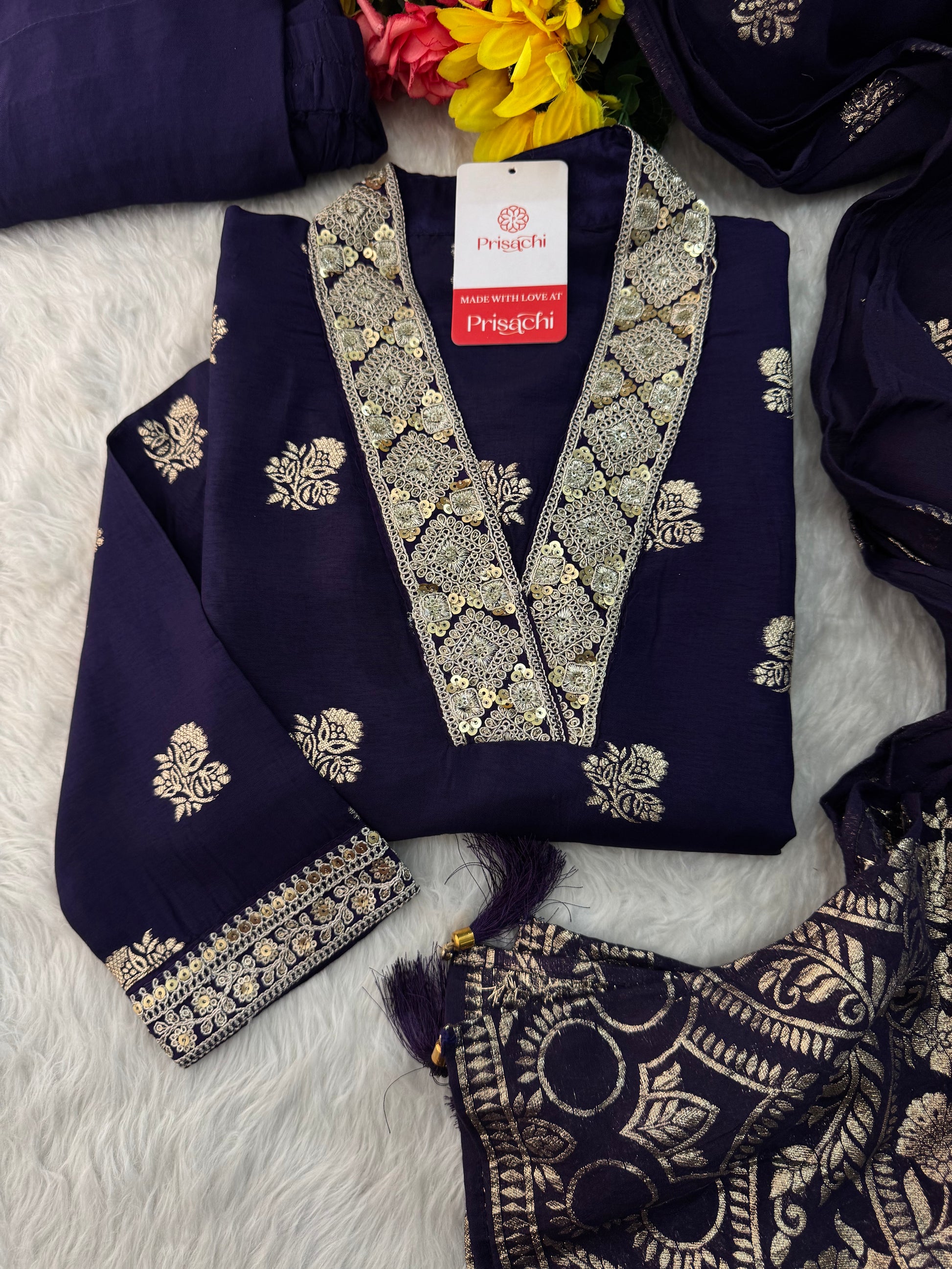 Purple Designer Embroidered Ethnic Kurta set with Pants & Banarasi Dupatta - Prisachi Official