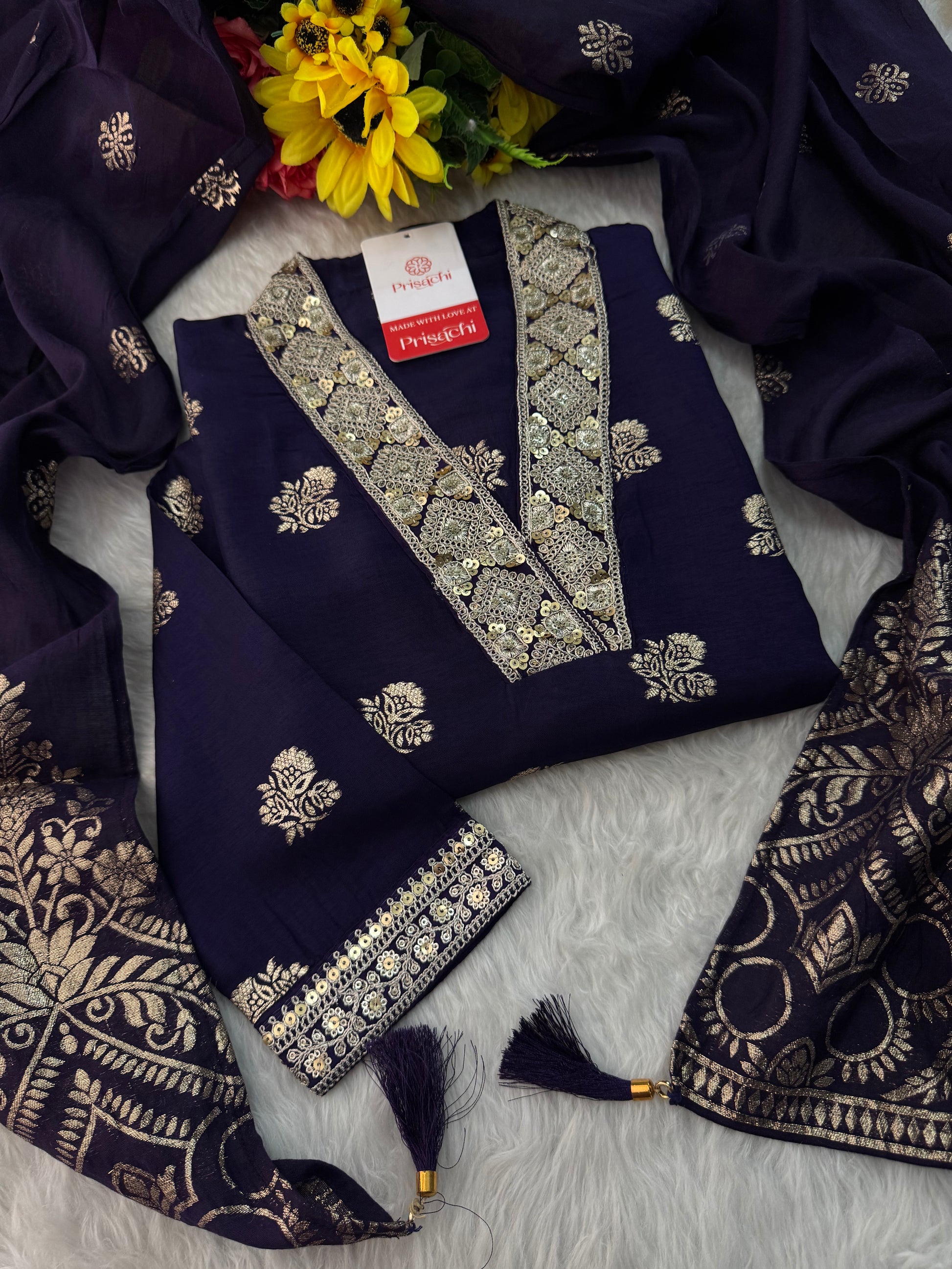 Purple Designer Embroidered Ethnic Kurta set with Pants & Banarasi Dupatta - Prisachi Official