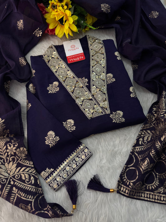Purple Designer Embroidered Ethnic Kurta set with Pants & Banarasi Dupatta - Prisachi Official
