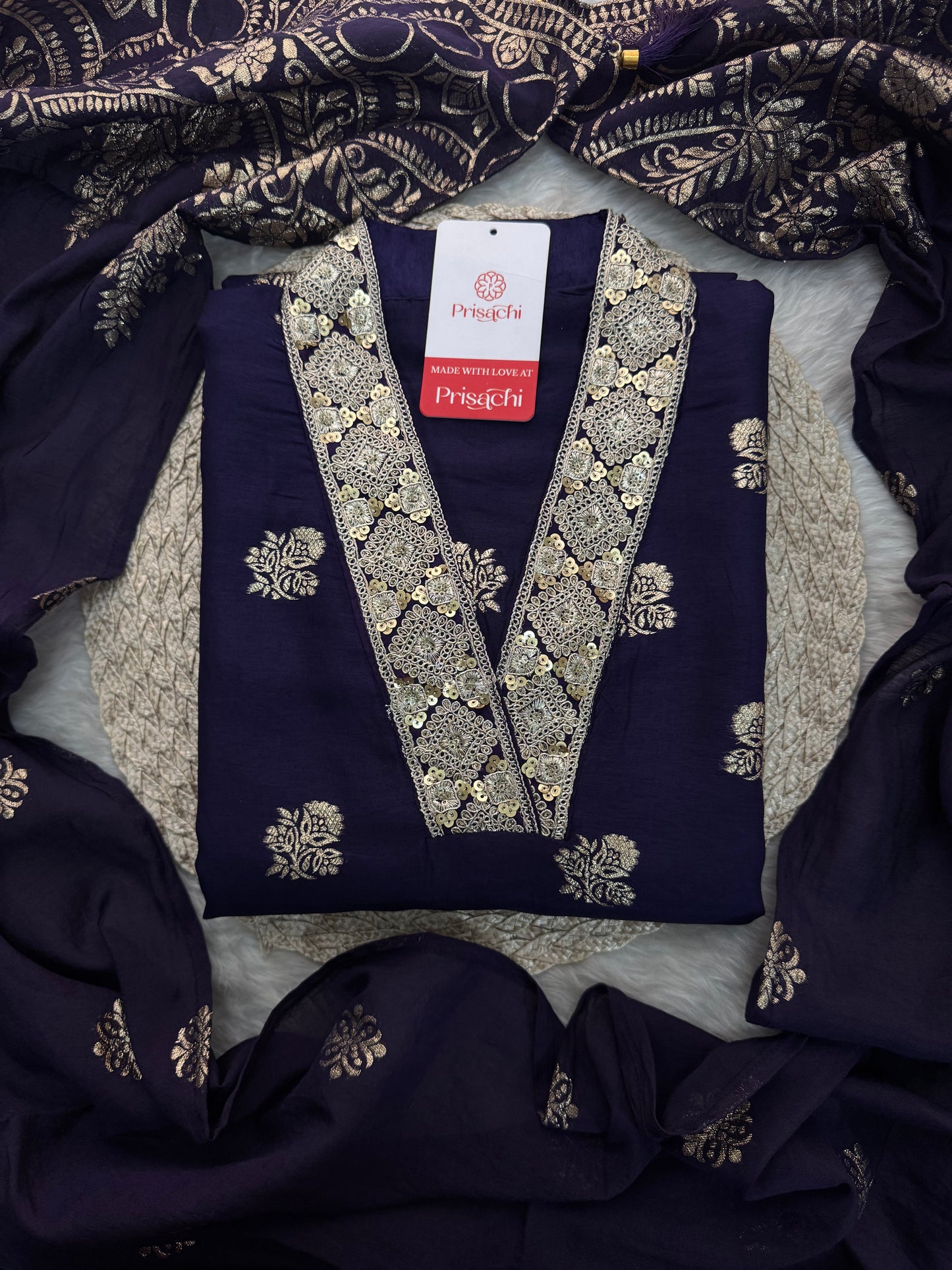 Purple Designer Embroidered Ethnic Kurta set with Pants & Banarasi Dupatta - Prisachi Official