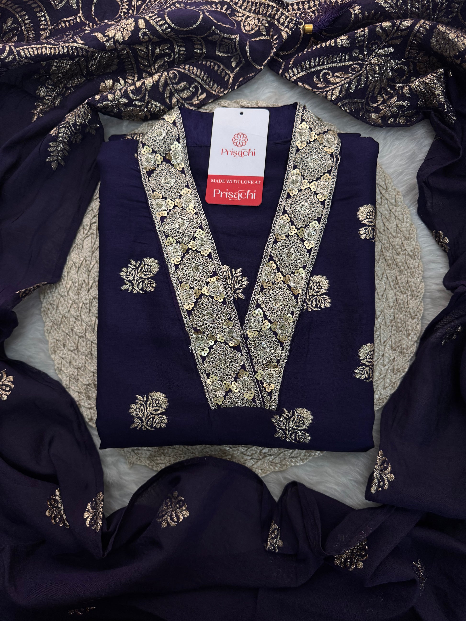 Purple Designer Embroidered Ethnic Kurta set with Pants & Banarasi Dupatta - Prisachi Official