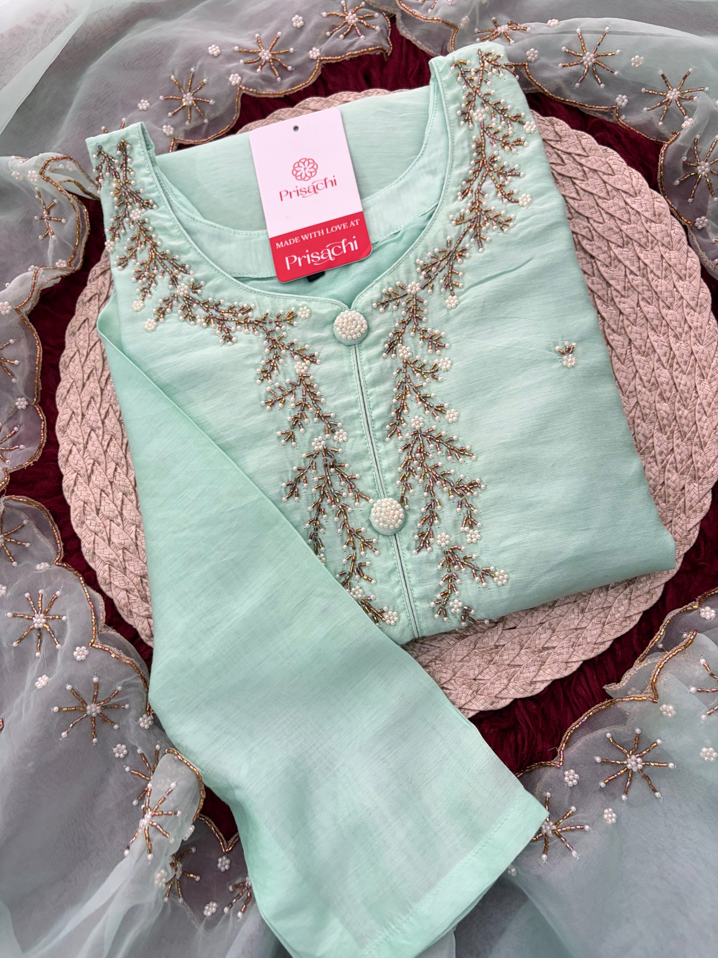Mint Green Zardozi Embroidered Kurta Set for Women with Pants & Dupatta | Traditional Ethnic wear