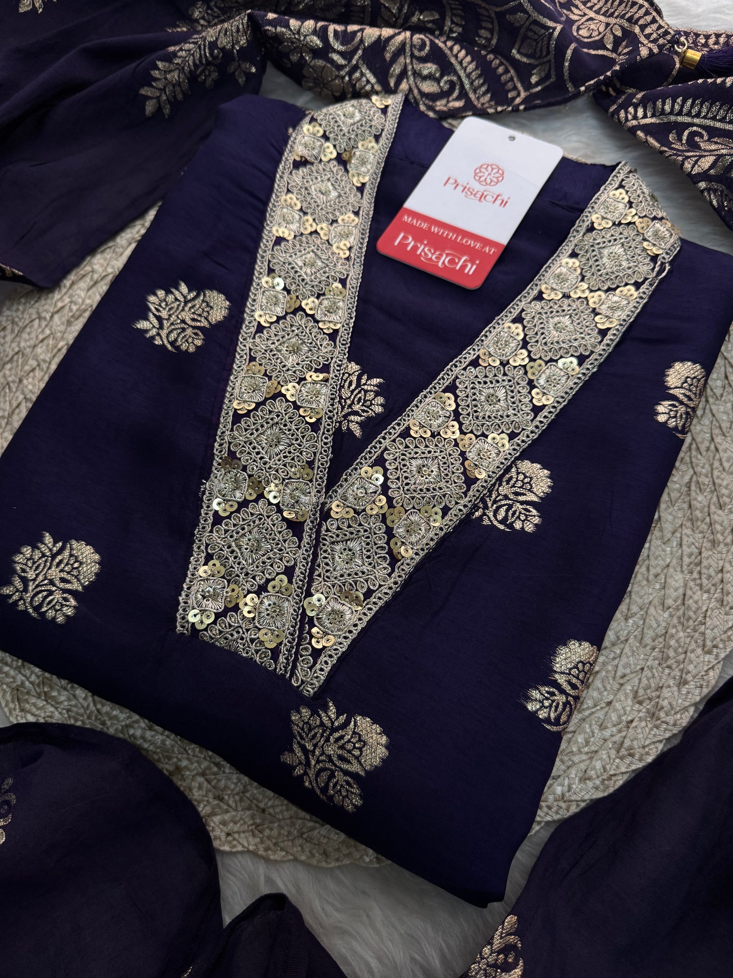 Purple Designer Embroidered Ethnic Kurta set with Pants & Banarasi Dupatta - Prisachi Official