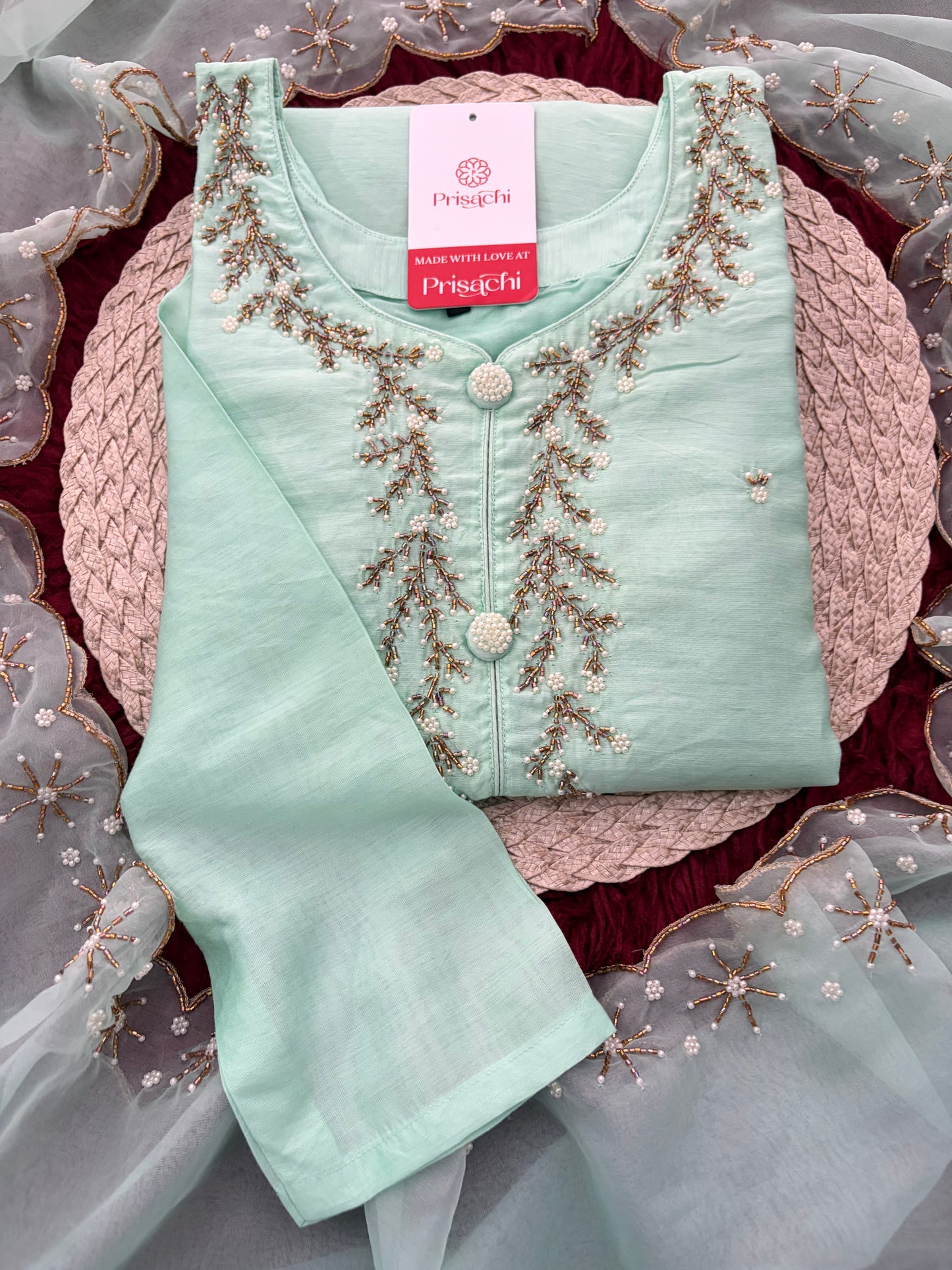 Mint Green Zardozi Embroidered Kurta Set for Women with Pants & Dupatta | Traditional Ethnic wear
