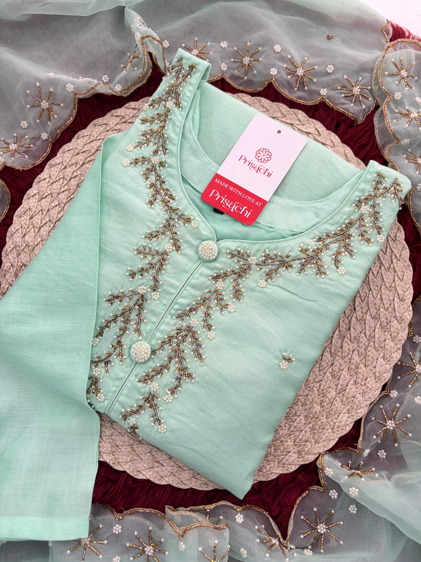 Mint Green Zardozi Embroidered Kurta Set for Women with Pants & Dupatta | Traditional Ethnic wear