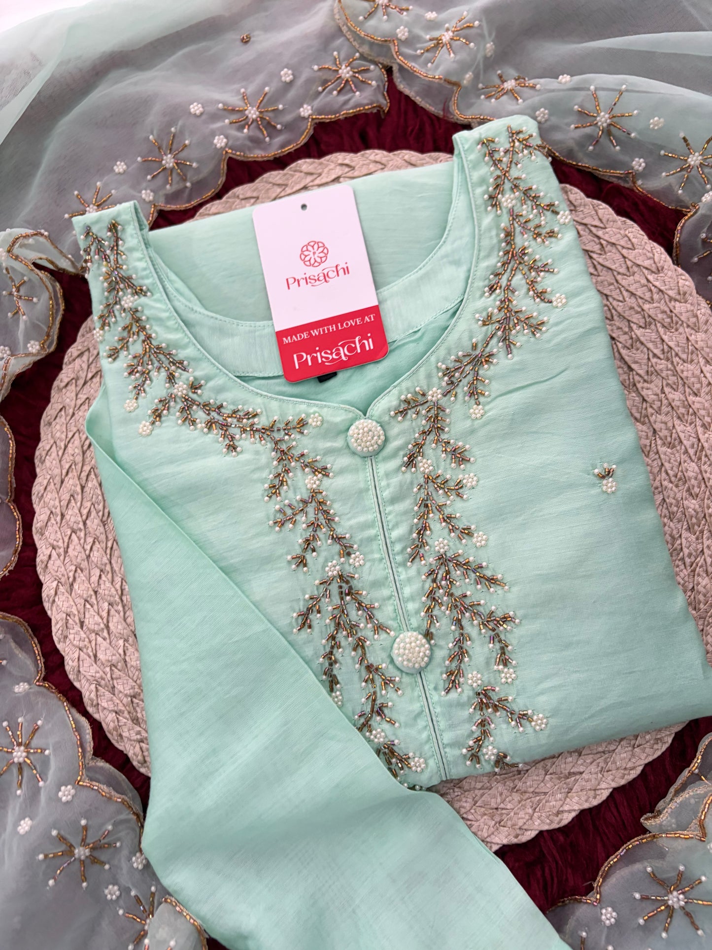 Mint Green Zardozi Embroidered Kurta Set for Women with Pants & Dupatta | Traditional Ethnic wear