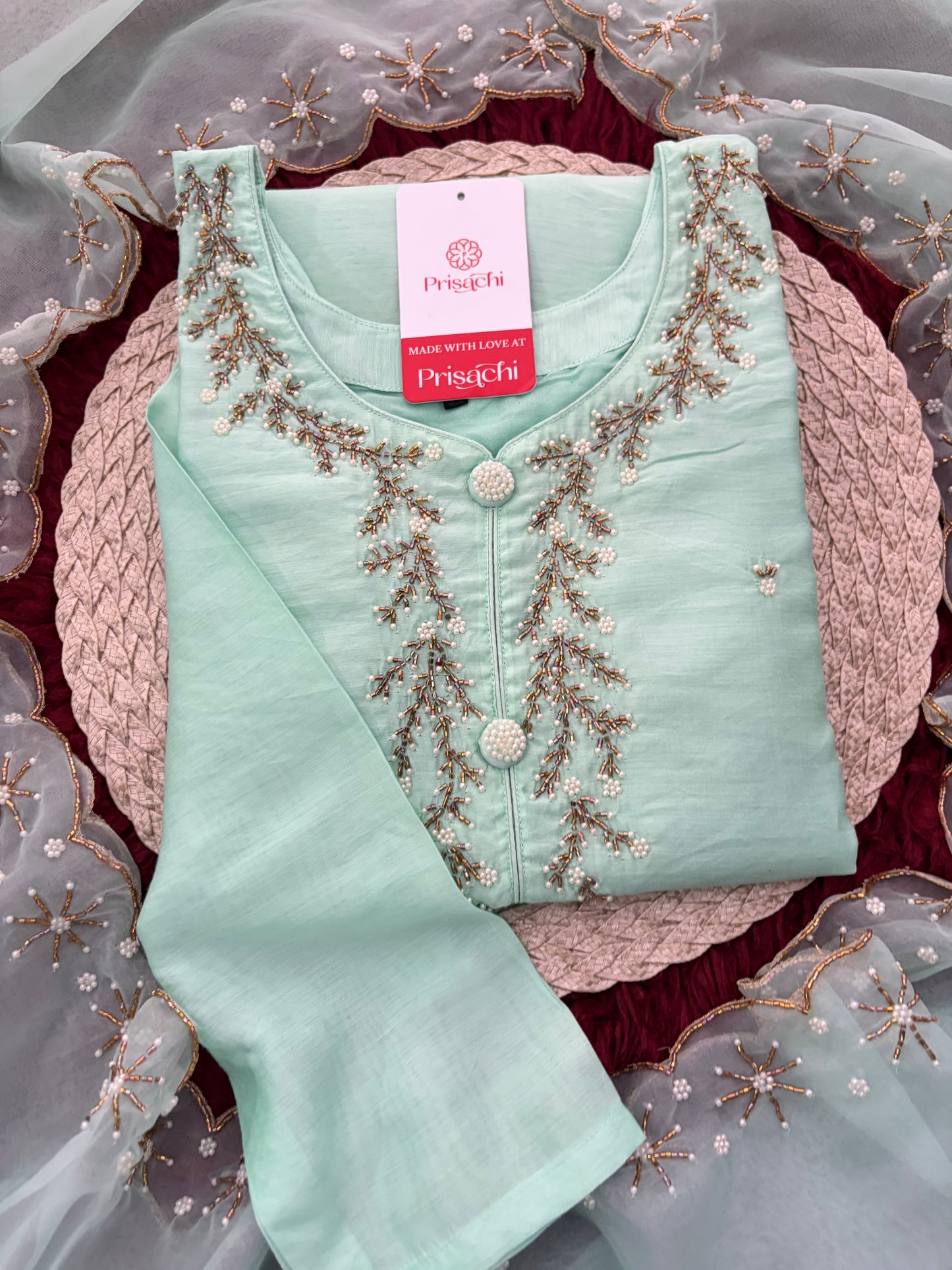 Mint Green Zardozi Embroidered Kurta Set for Women with Pants & Dupatta | Traditional Ethnic wear
