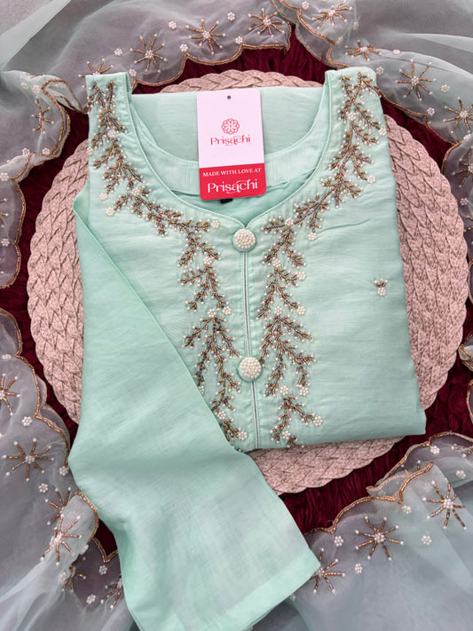 Mint Green Zardozi Embroidered Kurta Set for Women with Pants & Dupatta | Traditional Ethnic wear