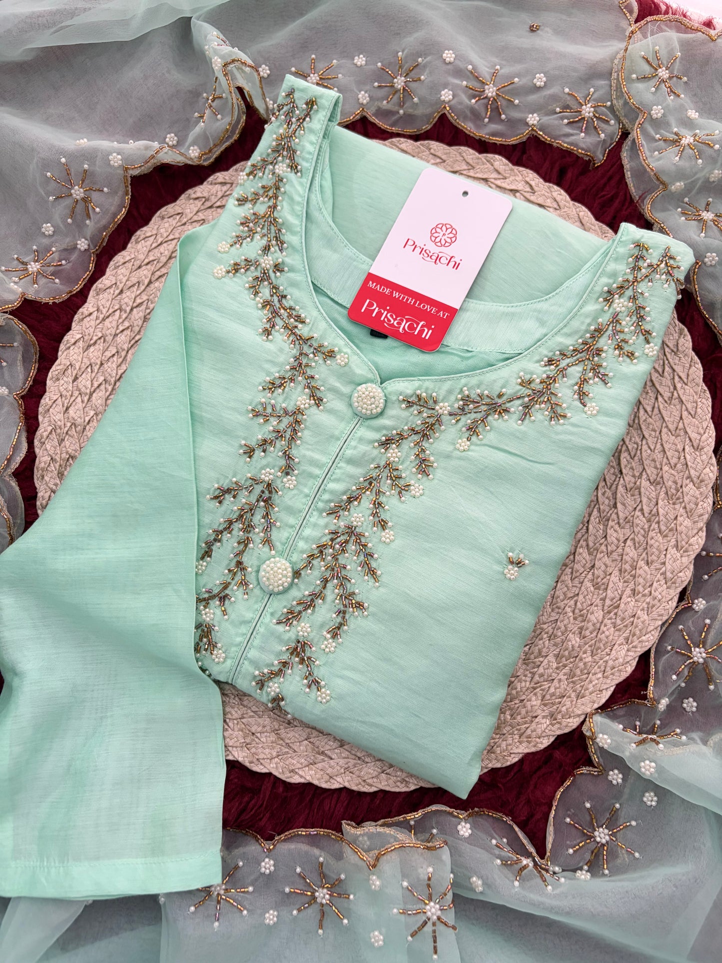 Mint Green Zardozi Embroidered Kurta Set for Women with Pants & Dupatta | Traditional Ethnic wear