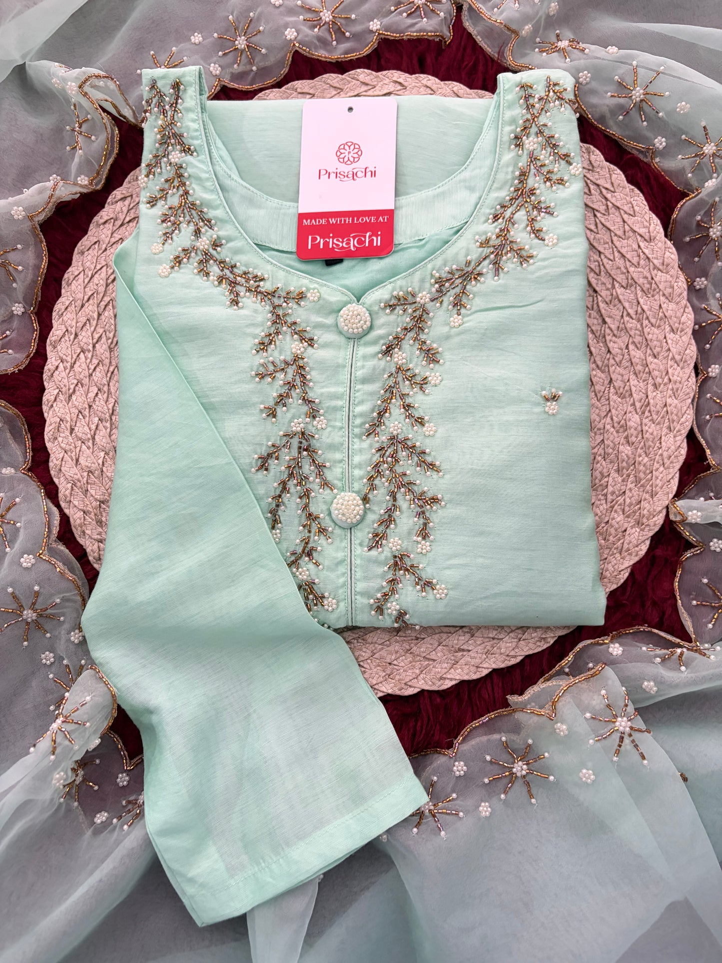 Mint Green Zardozi Embroidered Kurta Set for Women with Pants & Dupatta | Traditional Ethnic wear