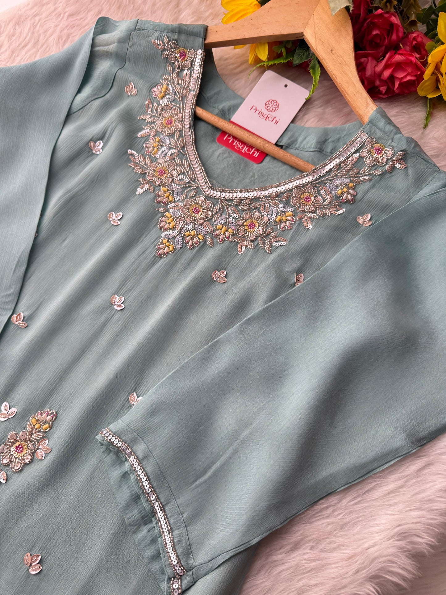 Sky Blue  Designer Embroidered Ethnic Kurta Set with Palazzo &  Dupatta - Prisachi Official