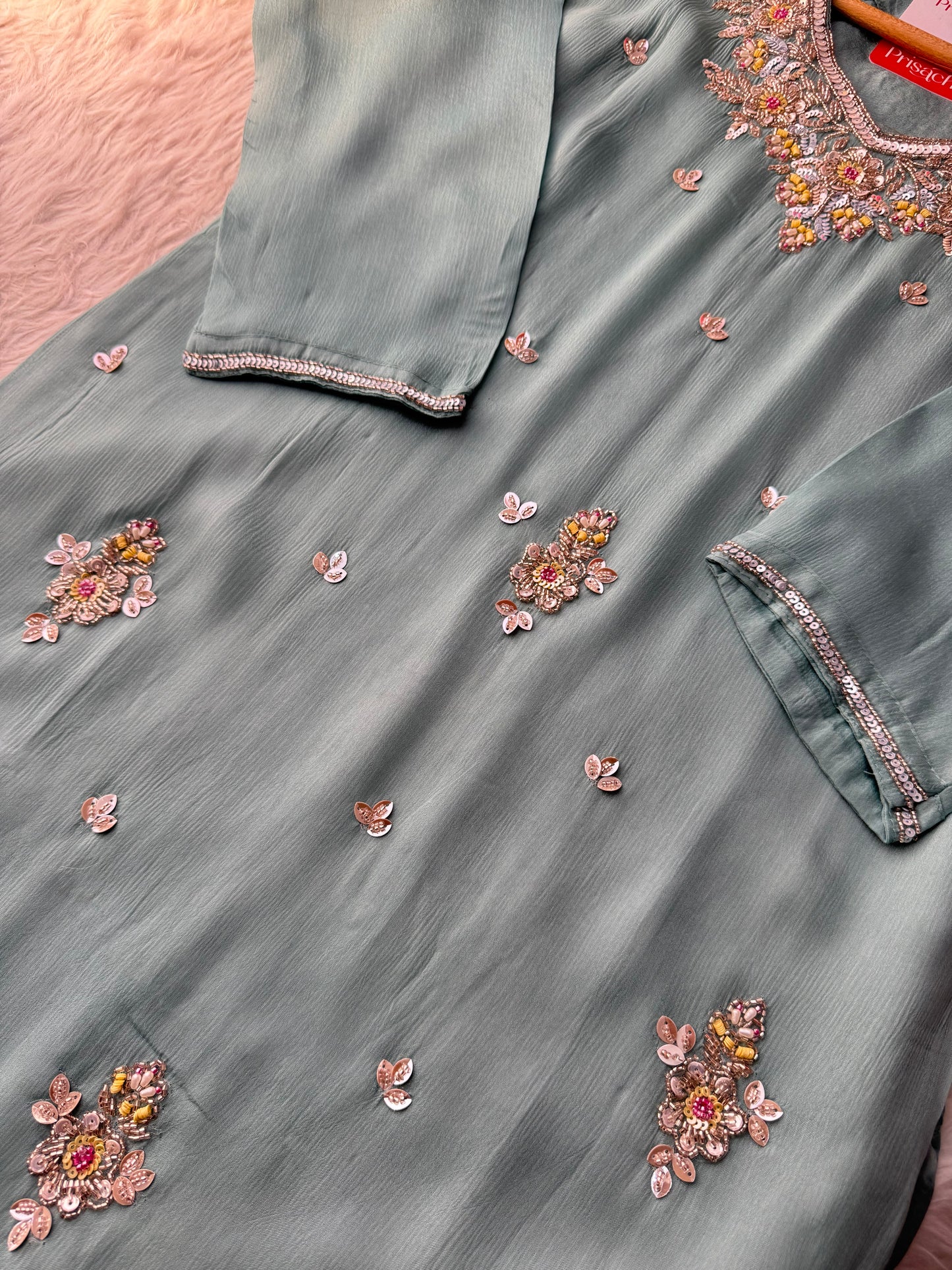 Sky Blue  Designer Embroidered Ethnic Kurta Set with Palazzo &  Dupatta - Prisachi Official