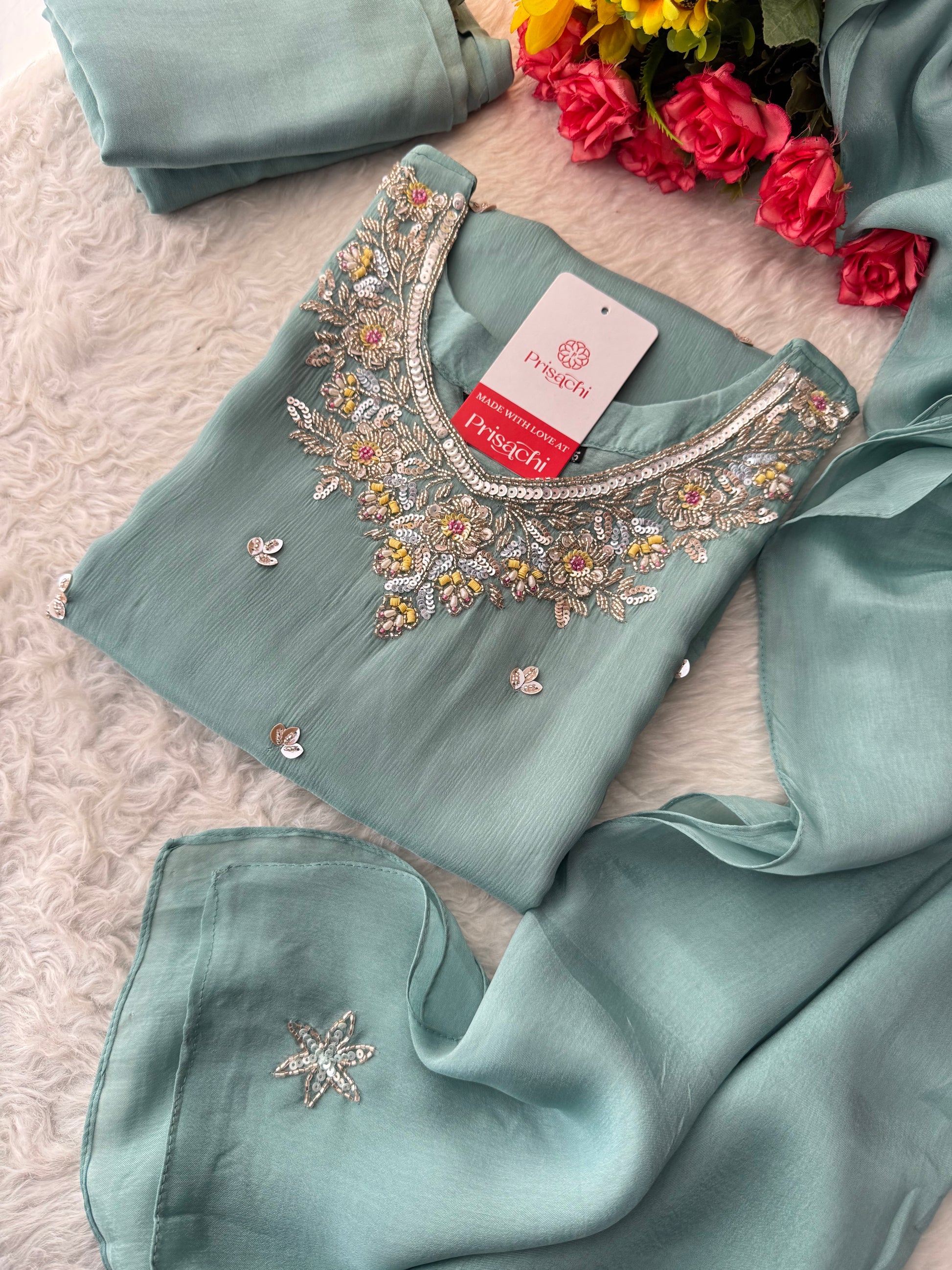 Sky Blue  Designer Embroidered Ethnic Kurta Set with Palazzo &  Dupatta - Prisachi Official