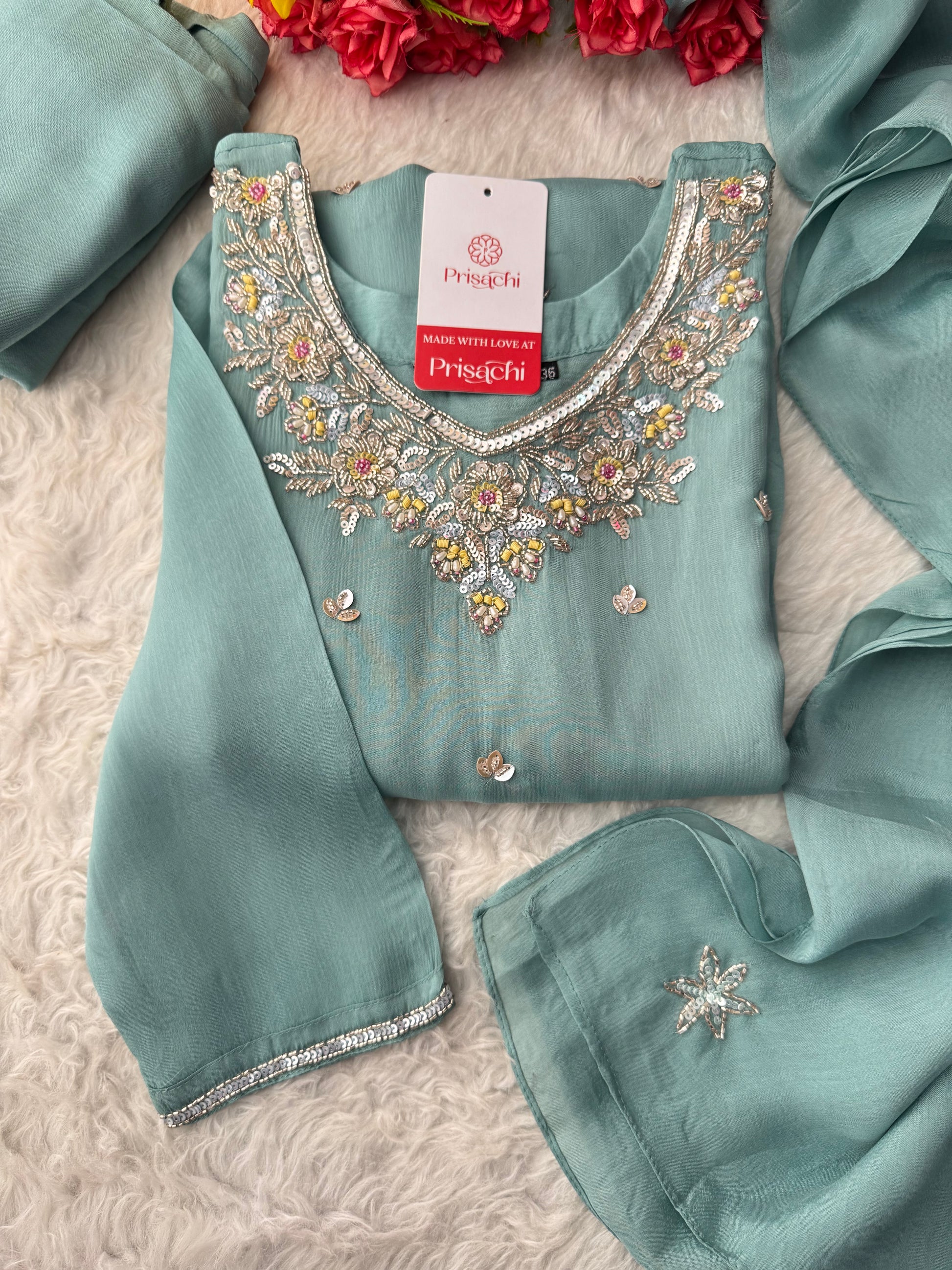 Sky Blue  Designer Embroidered Ethnic Kurta Set with Palazzo &  Dupatta - Prisachi Official