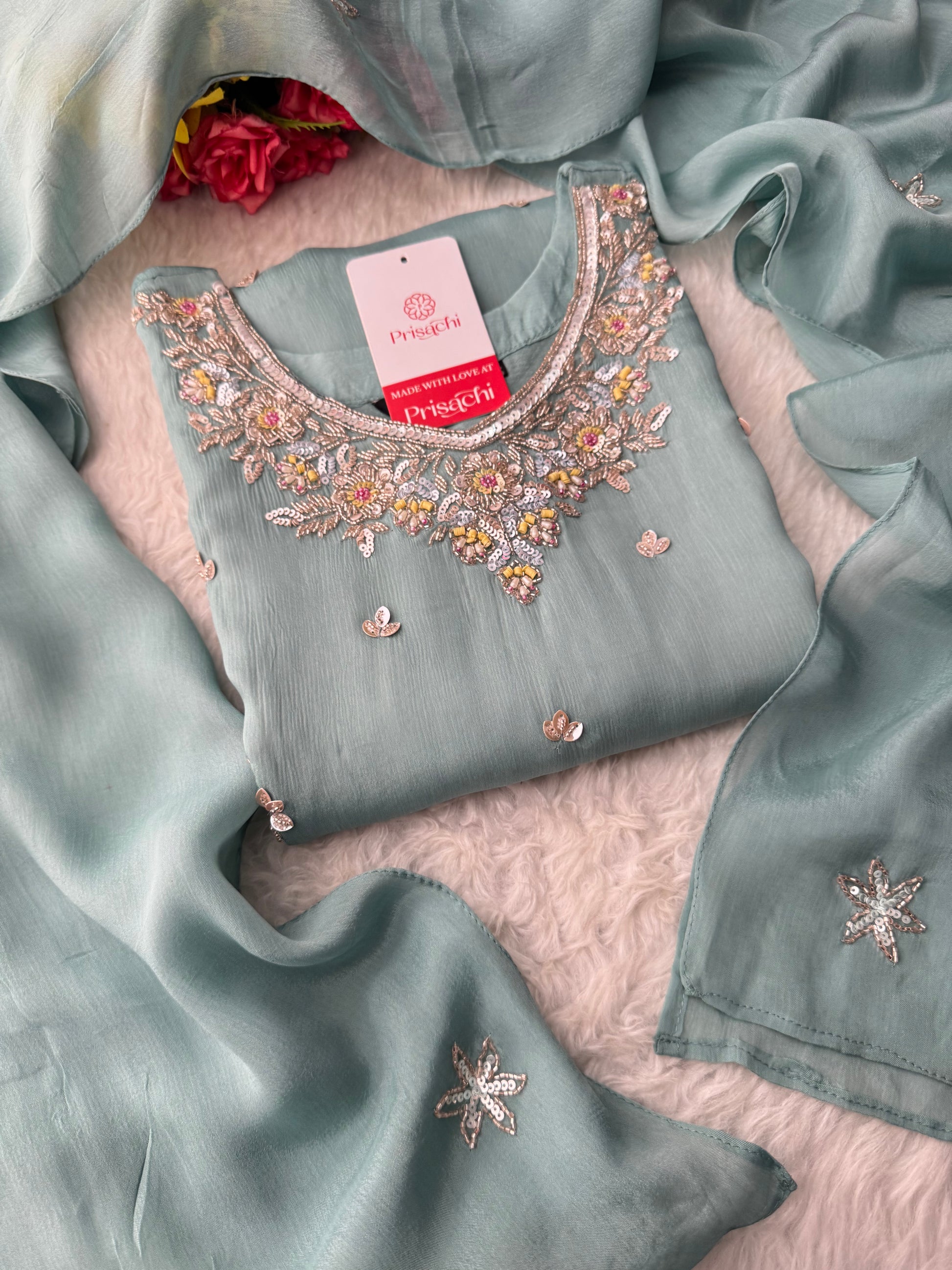 Sky Blue  Designer Embroidered Ethnic Kurta Set with Palazzo &  Dupatta - Prisachi Official