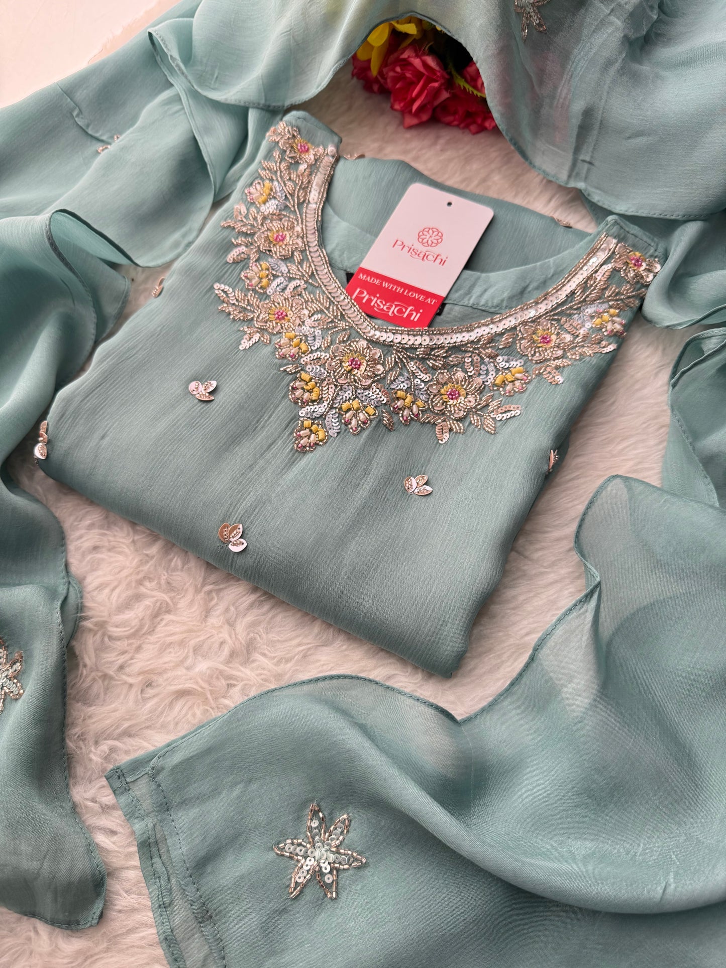 Sky Blue  Designer Embroidered Ethnic Kurta Set with Palazzo &  Dupatta - Prisachi Official