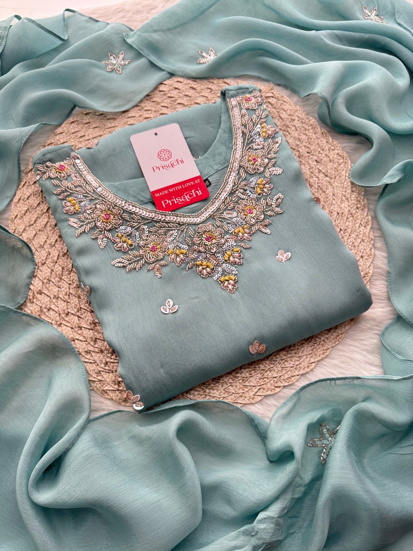 Sky Blue  Designer Embroidered Ethnic Kurta Set with Palazzo &  Dupatta - Prisachi Official