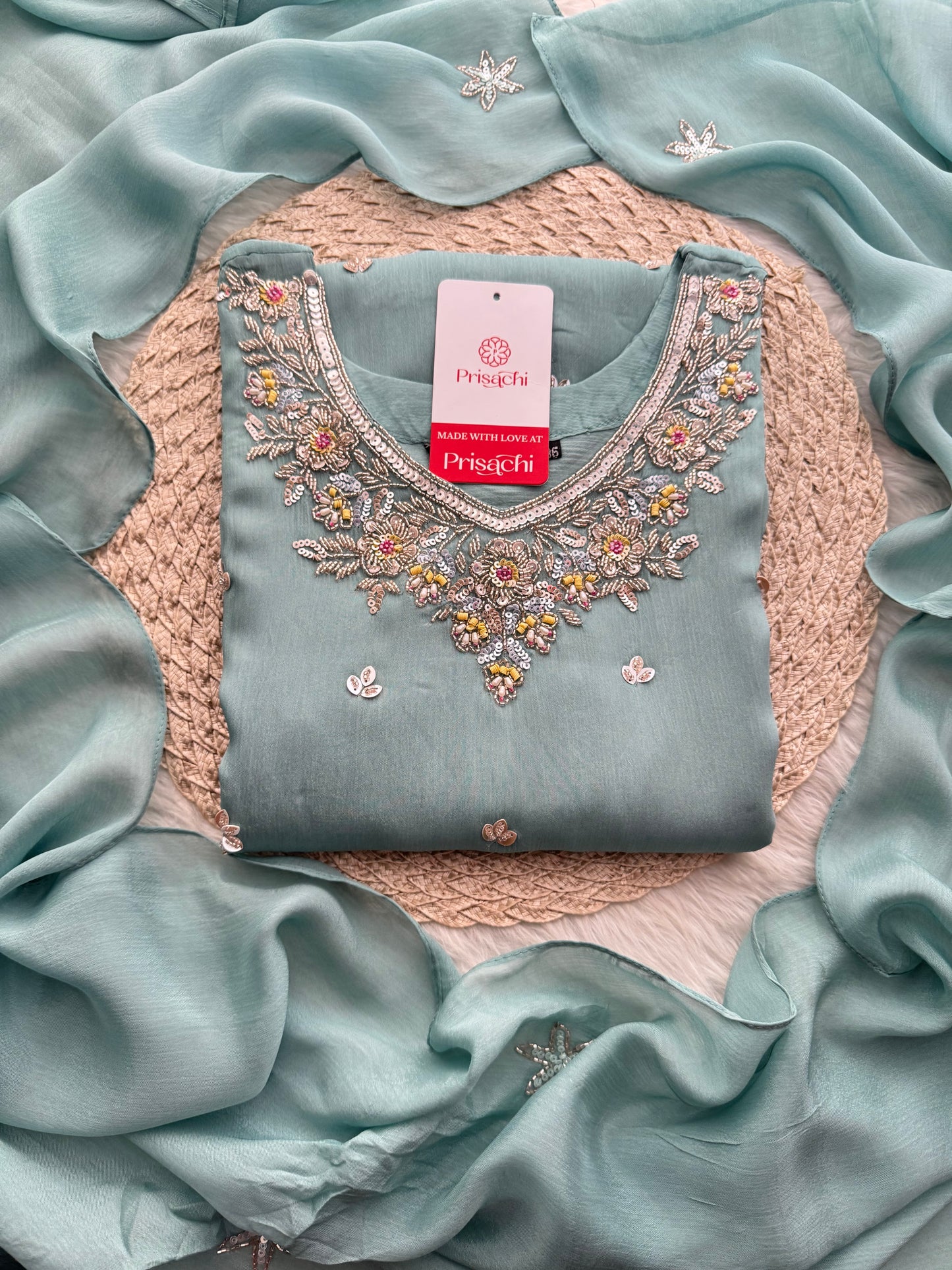 Sky Blue  Designer Embroidered Ethnic Kurta Set with Palazzo &  Dupatta - Prisachi Official