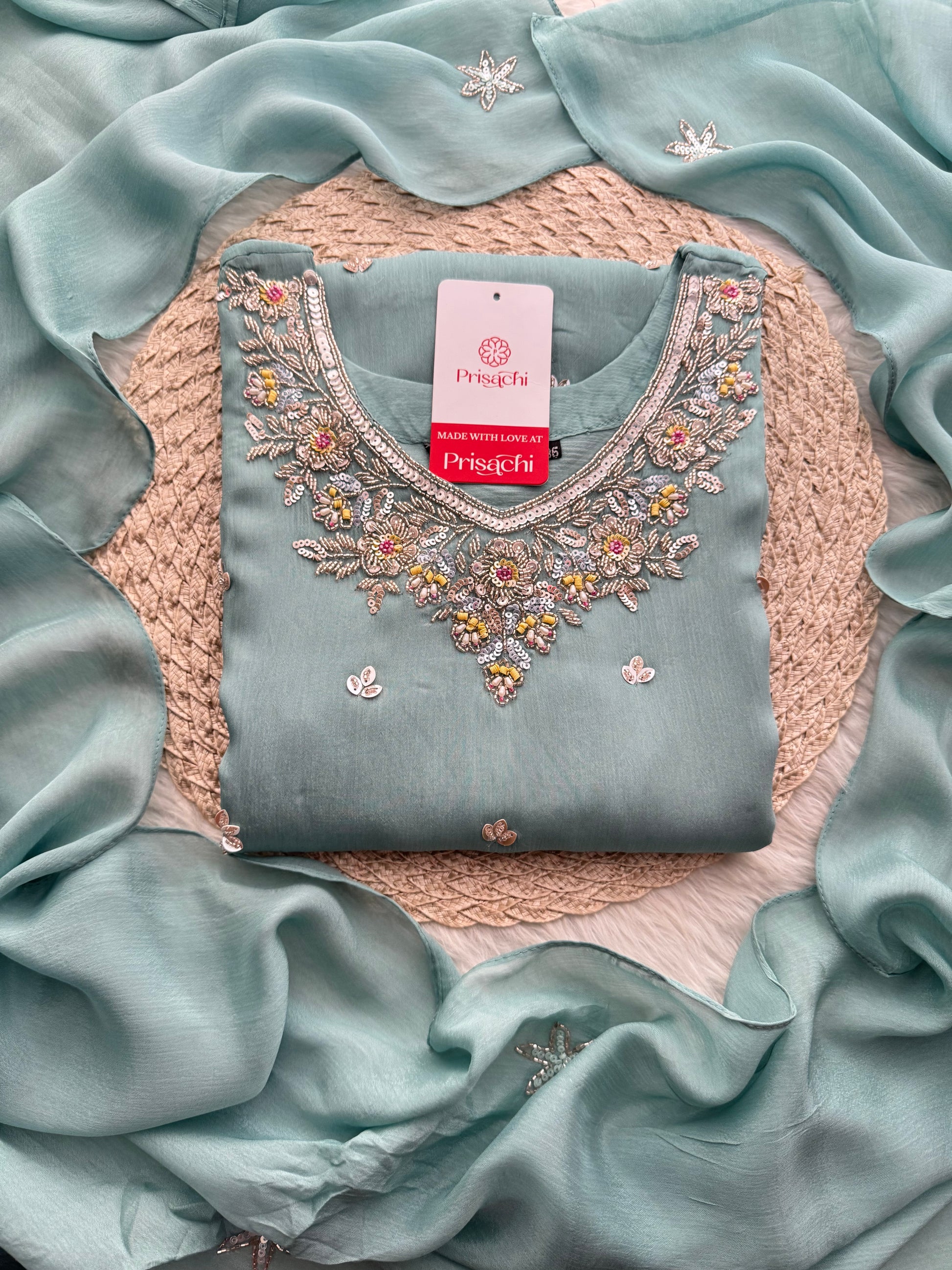 Sky Blue  Designer Embroidered Ethnic Kurta Set with Palazzo &  Dupatta - Prisachi Official