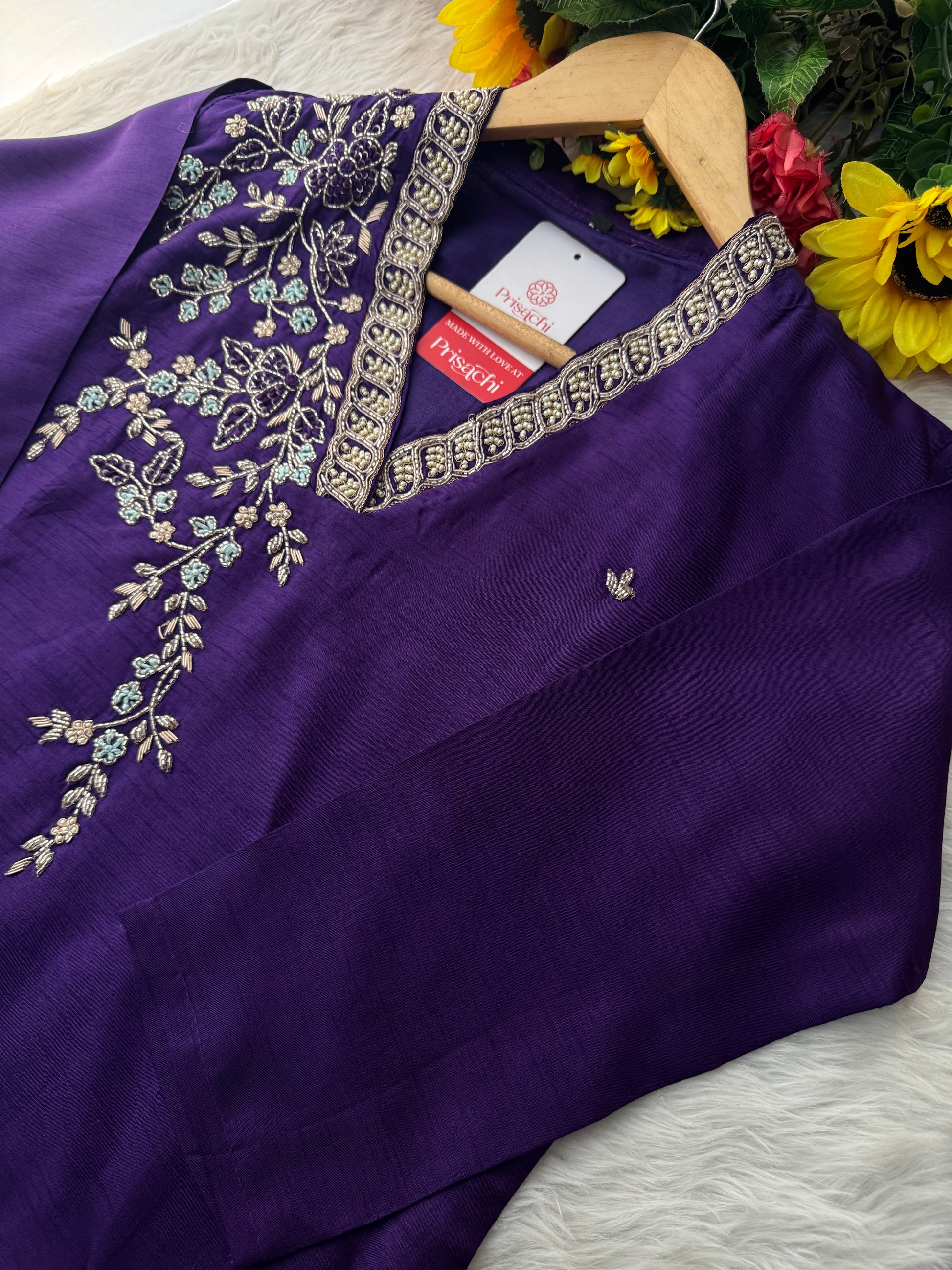 Purple Designer Ethnic Embroidered Kurta Set with Dupatta & Pants - Prisachi Official