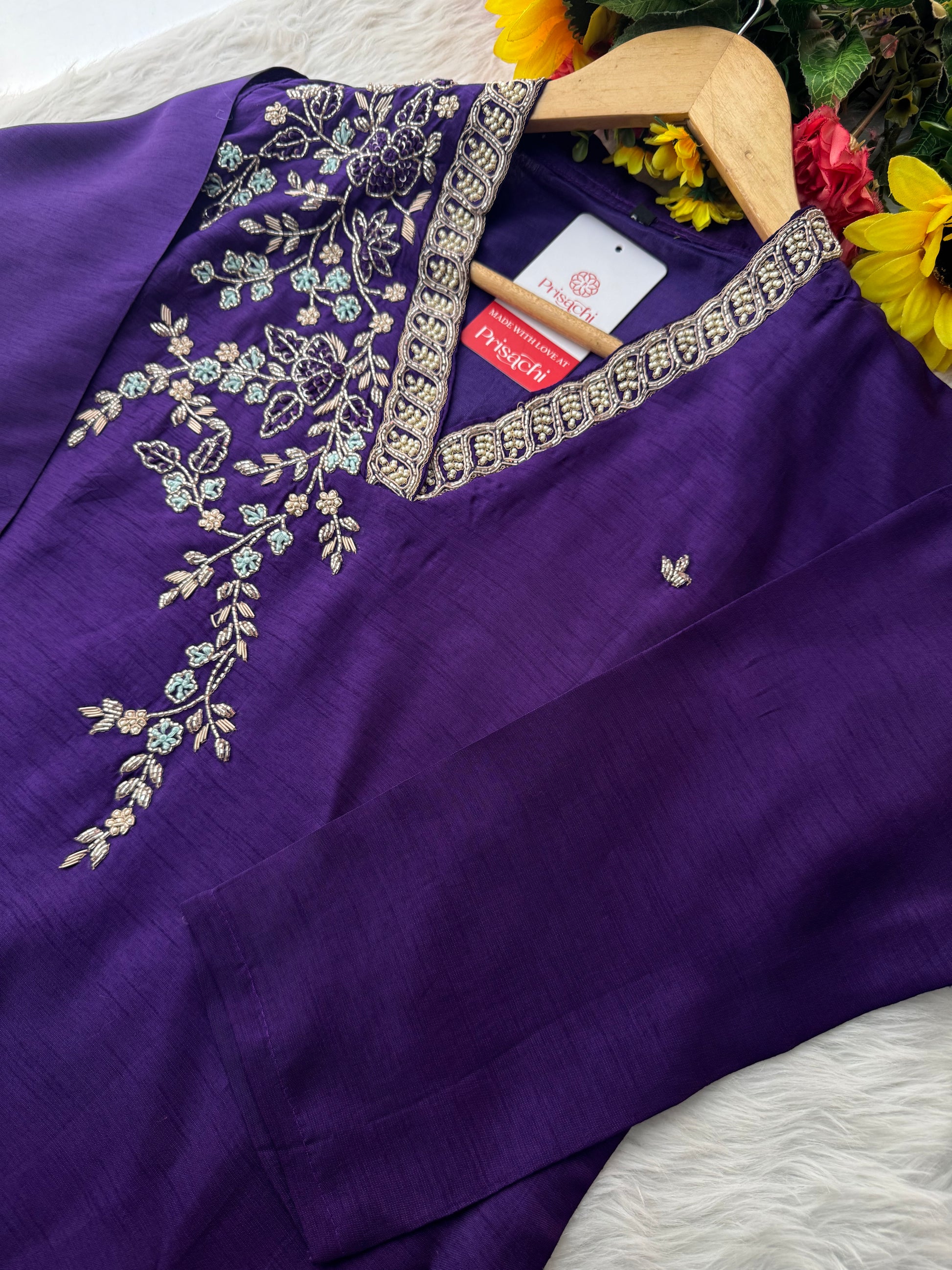 Purple Designer Ethnic Embroidered Kurta Set with Dupatta & Pants - Prisachi Official