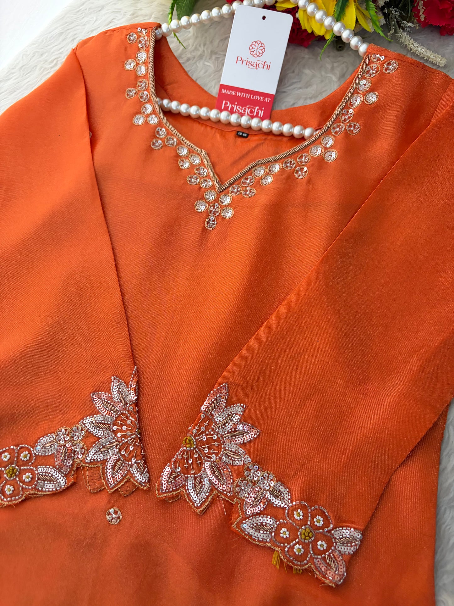 Orange Zardozi Embroidered Kurta Set for Women with Dupatta & Flared Pants | Designer Ethnic Suit Set