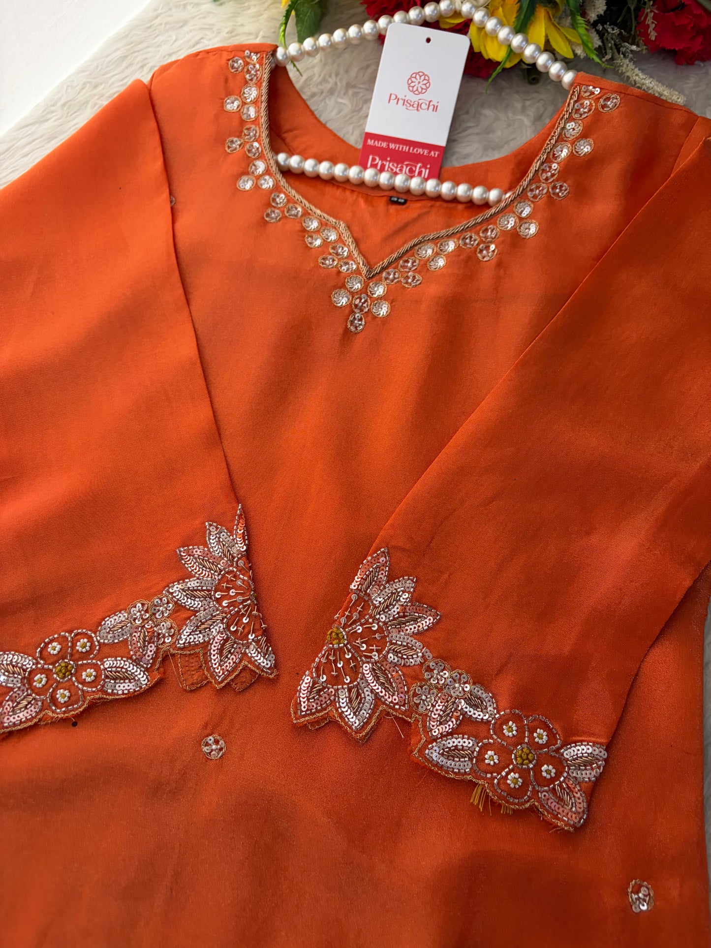 Orange Zardozi Embroidered Kurta Set for Women with Dupatta & Flared Pants | Designer Ethnic Suit Set