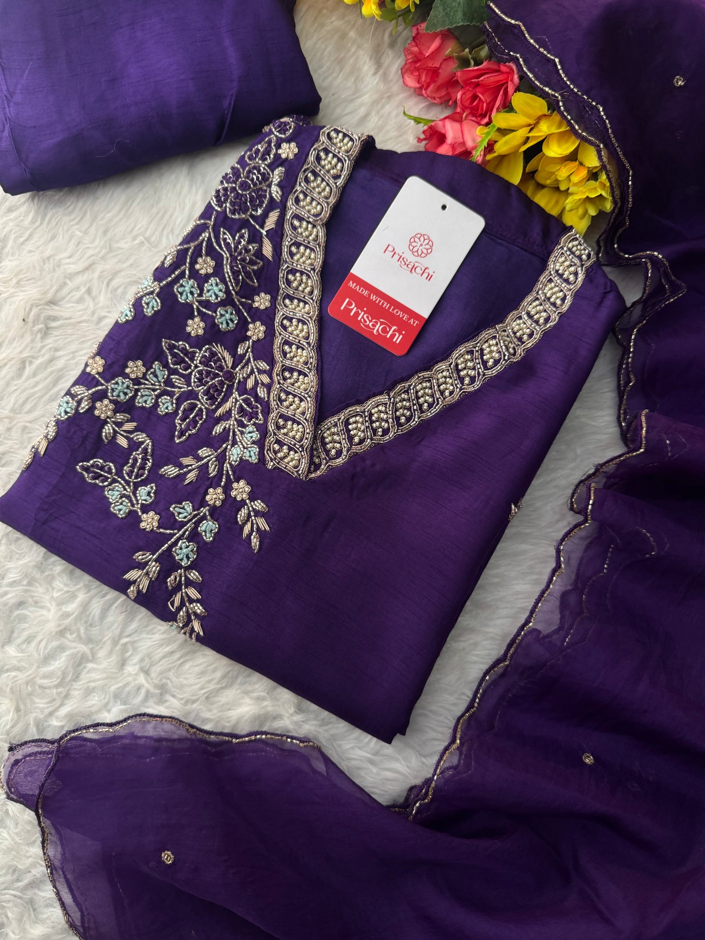 Purple Designer Ethnic Embroidered Kurta Set with Dupatta & Pants - Prisachi Official