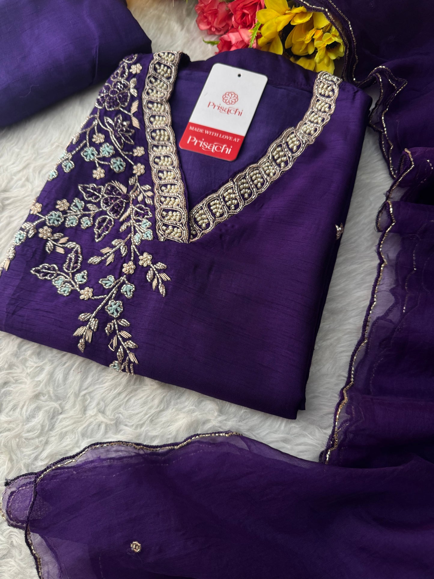Purple Designer Ethnic Embroidered Kurta Set with Dupatta & Pants - Prisachi Official