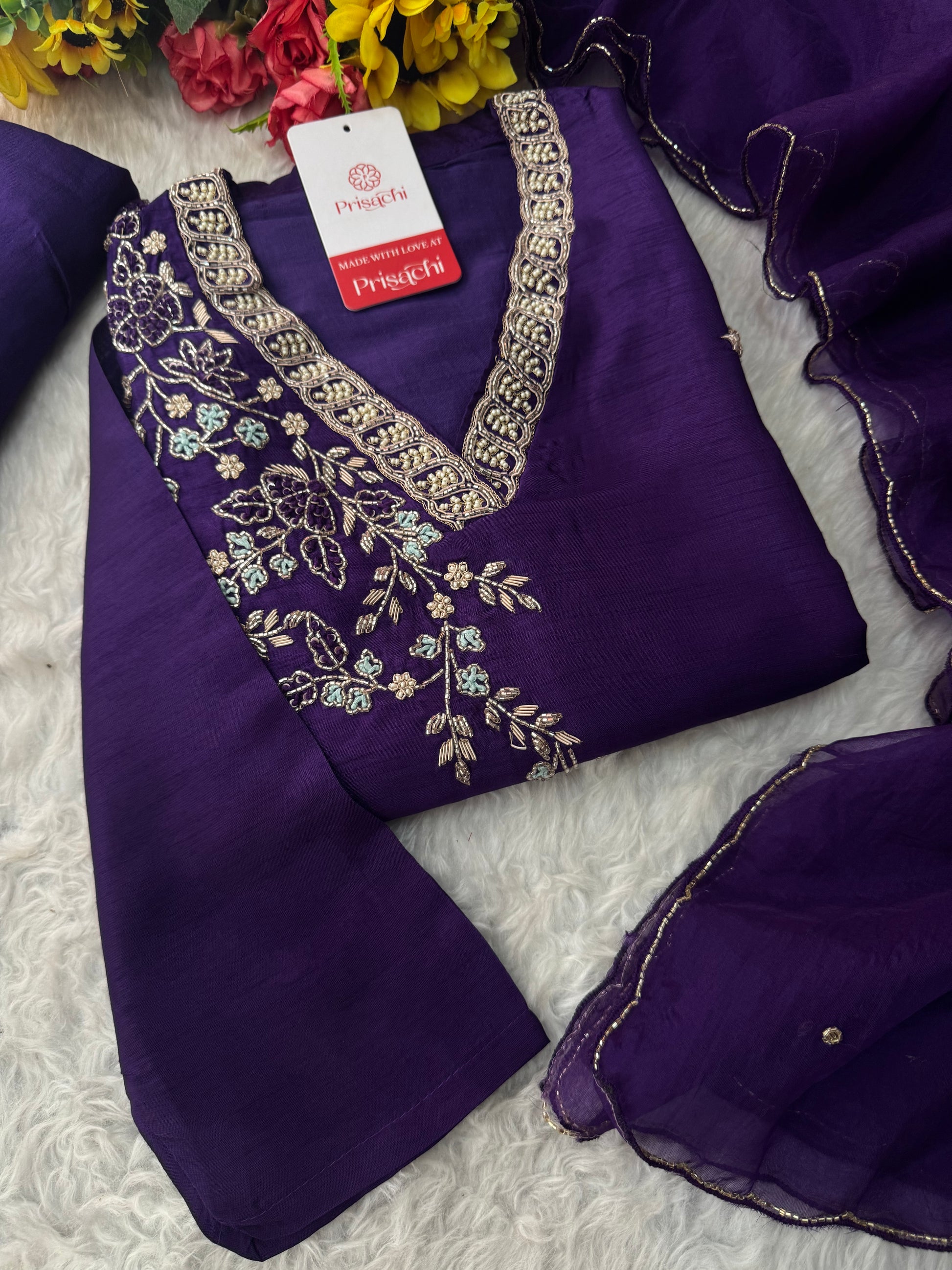 Purple Designer Ethnic Embroidered Kurta Set with Dupatta & Pants - Prisachi Official