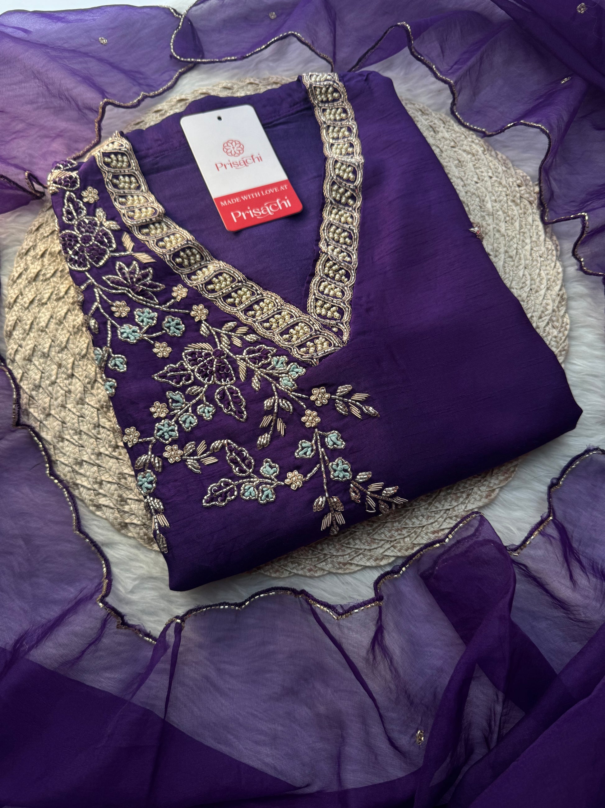 Purple Designer Ethnic Embroidered Kurta Set with Dupatta & Pants - Prisachi Official