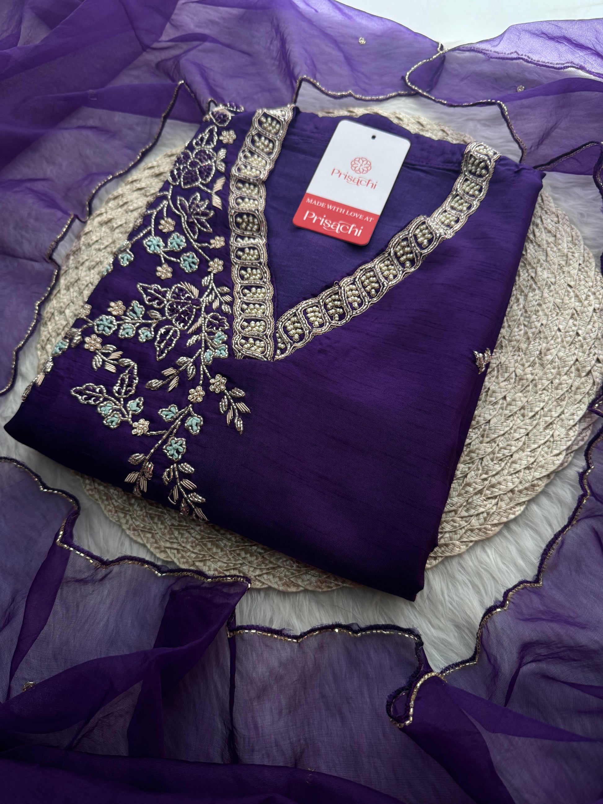 Purple Designer Ethnic Embroidered Kurta Set with Dupatta & Pants - Prisachi Official