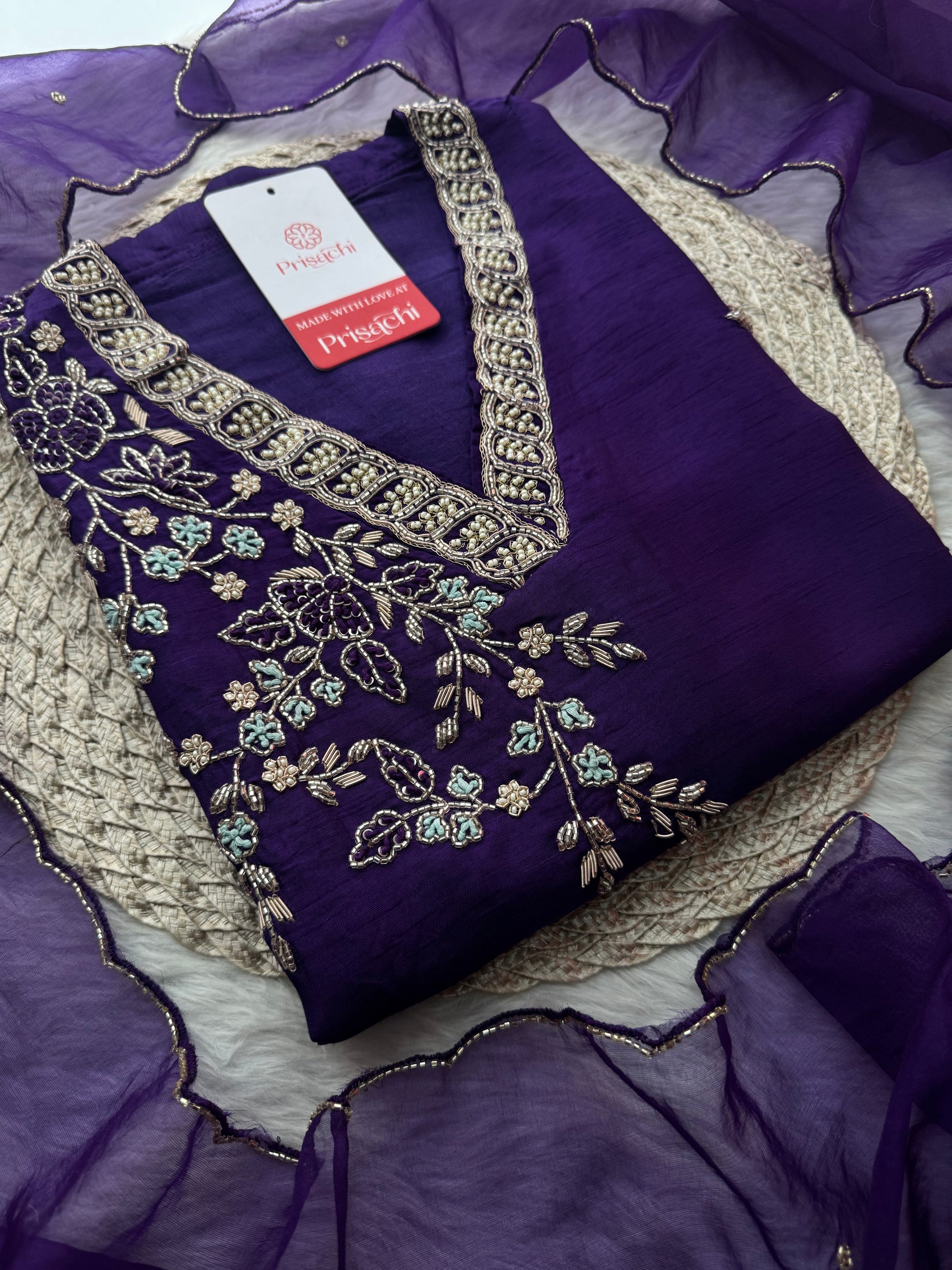 Purple Designer Ethnic Embroidered Kurta Set with Dupatta & Pants - Prisachi Official