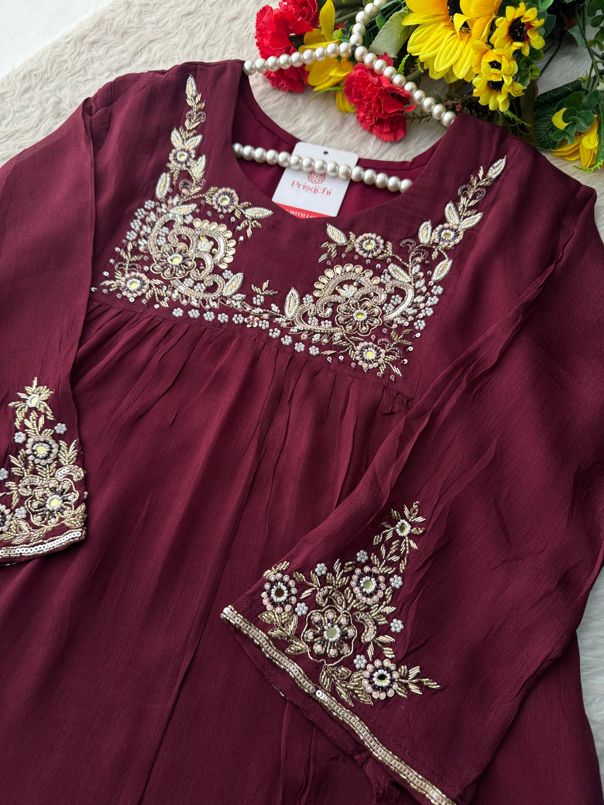 Wine Embroidered Ethnic A-Line Kurta Set With Palazzo Pants & Dupatta | Daily & Party wear
