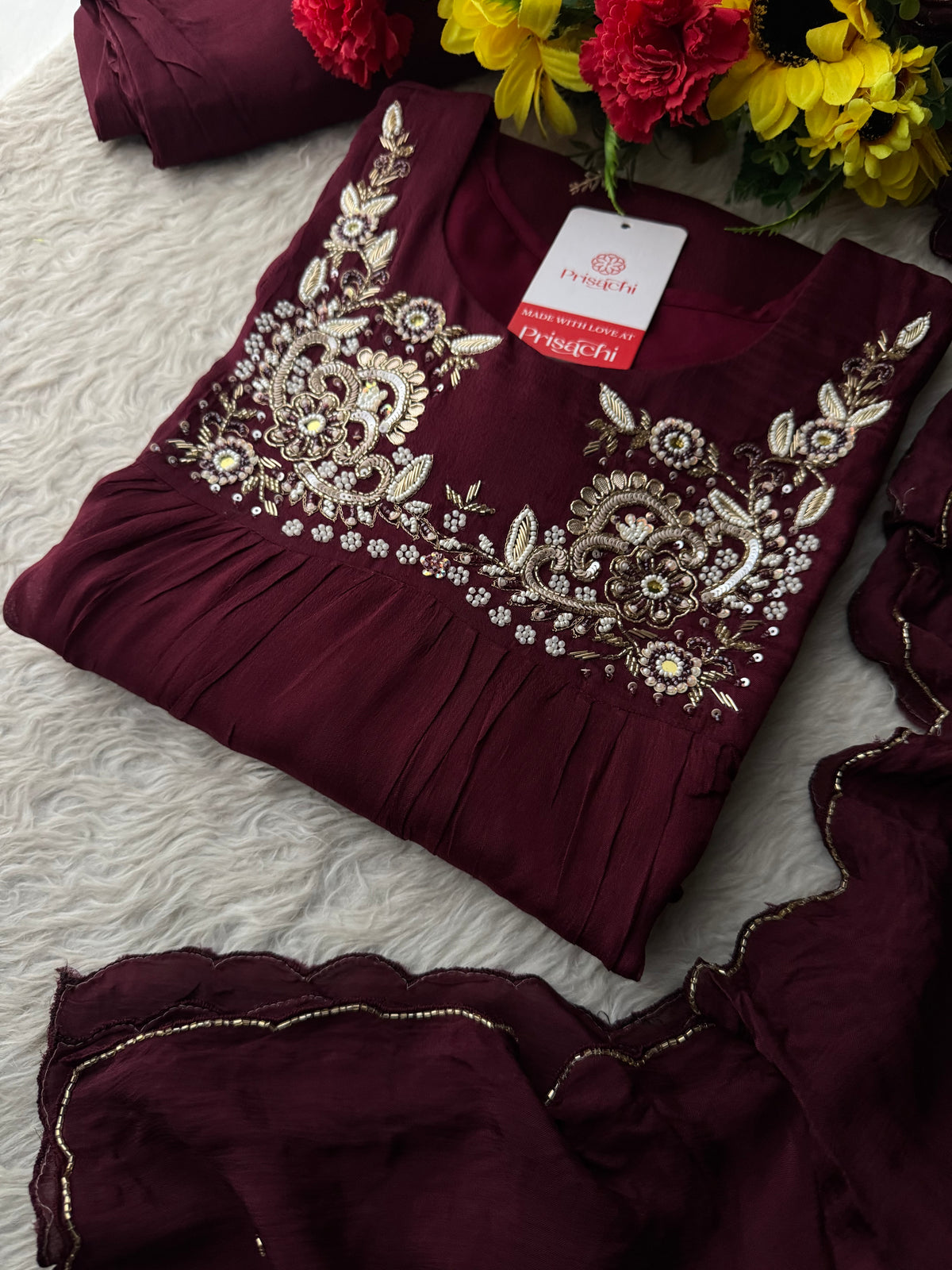 Wine Embroidered Ethnic A-Line Kurta Set With Palazzo Pants & Dupatta | Daily & Party wear