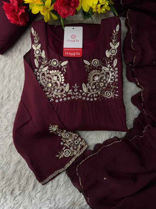 Wine Embroidered Ethnic A-Line Kurta Set With Palazzo Pants & Dupatta | Daily & Party wear