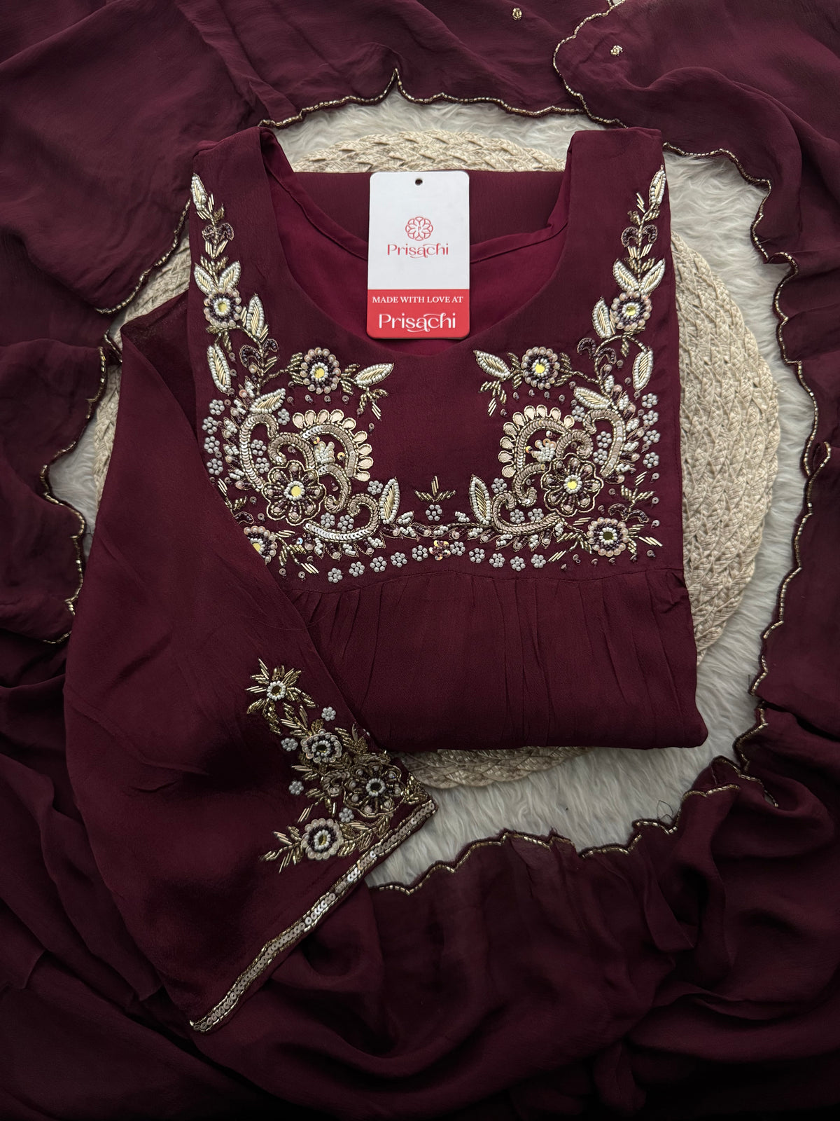 Wine Embroidered Ethnic A-Line Kurta Set With Palazzo Pants & Dupatta | Daily & Party wear