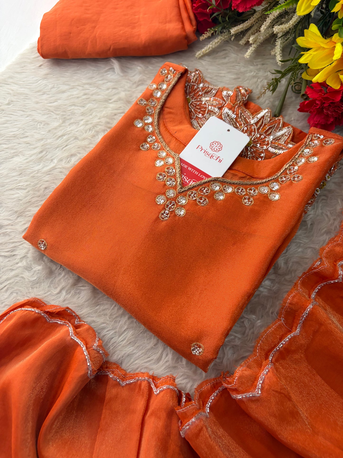 Orange Zardozi Embroidered Kurta Set for Women with Dupatta & Flared Pants | Designer Ethnic Suit Set