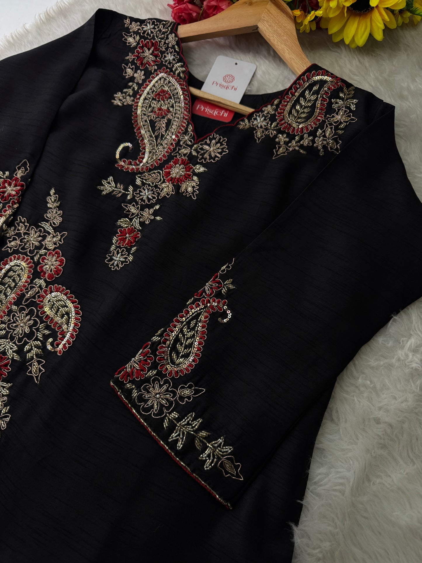 Black Embroidered Ethnic Kurta Set for Women with Pants & Dupatta - Prisachi Official