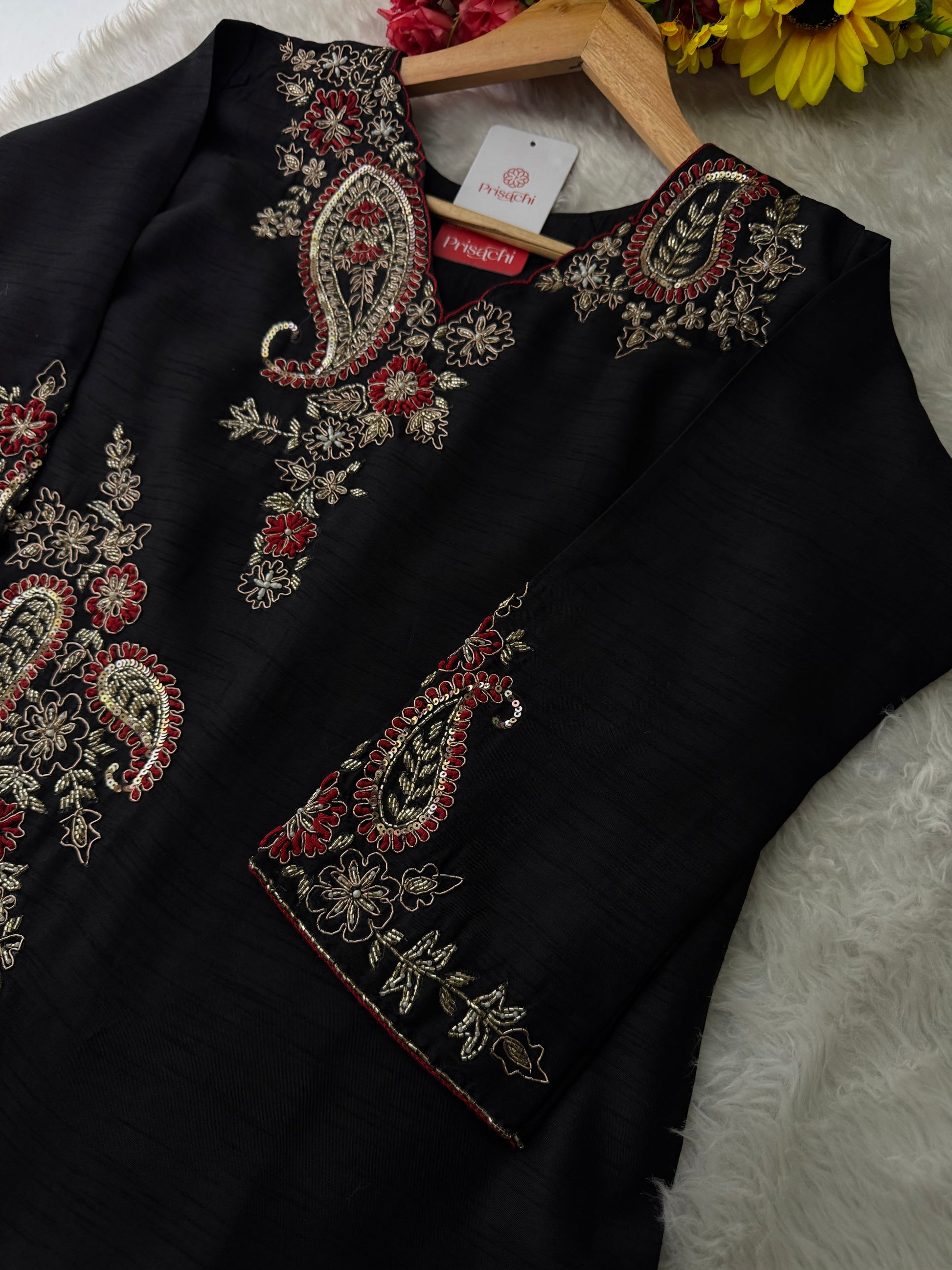 Black Embroidered Ethnic Kurta Set for Women with Pants & Dupatta - Prisachi Official