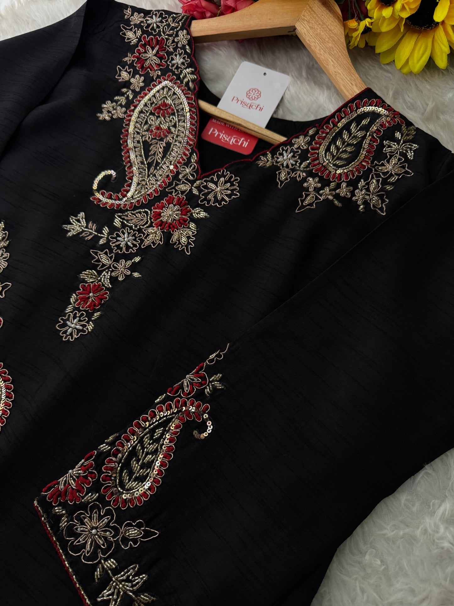 Black Embroidered Ethnic Kurta Set for Women with Pants & Dupatta - Prisachi Official