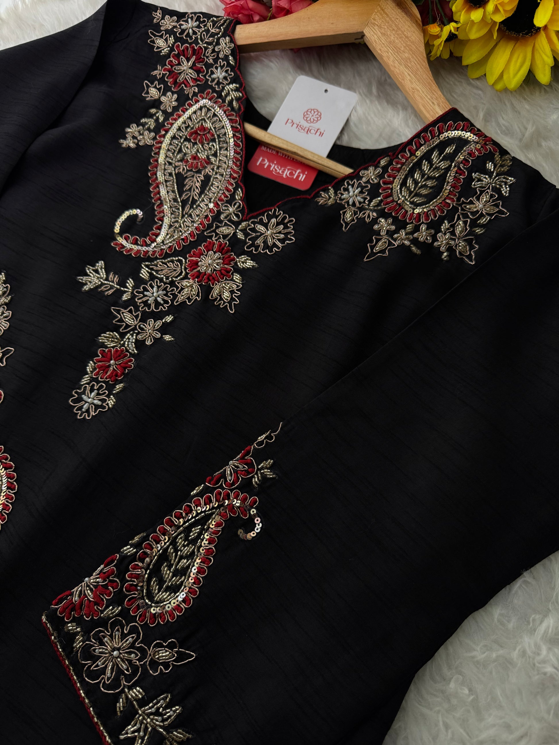 Black Embroidered Ethnic Kurta Set for Women with Pants & Dupatta - Prisachi Official
