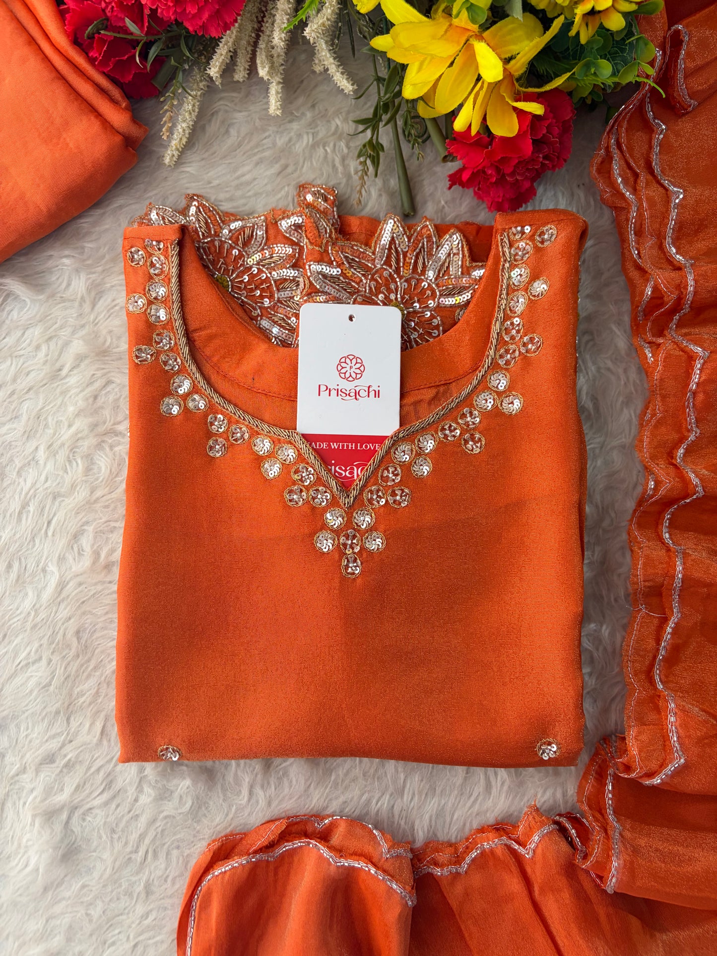 Orange Zardozi Embroidered Kurta Set for Women with Dupatta & Flared Pants | Designer Ethnic Suit Set
