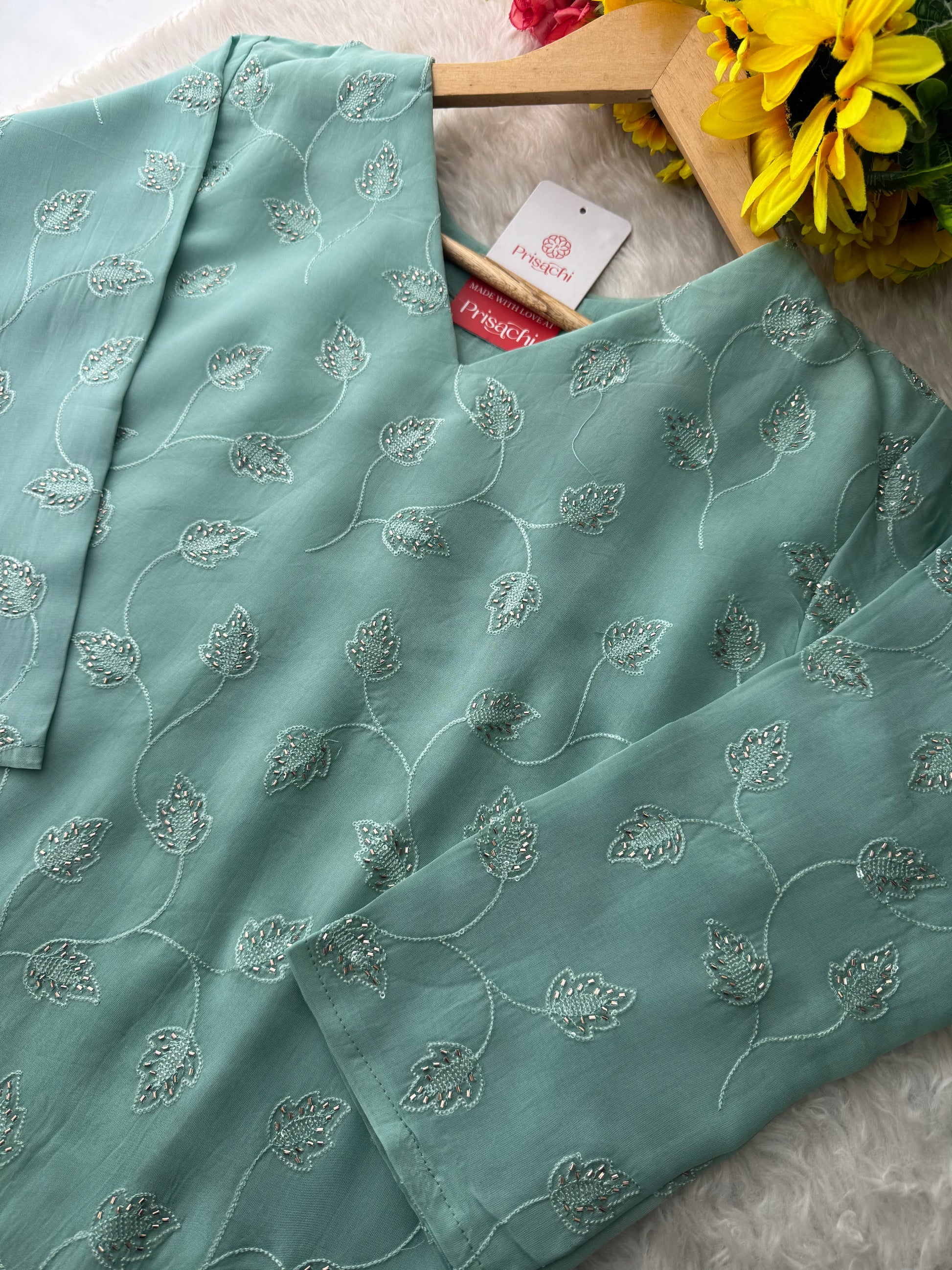 Sky Blue Embroidered Kurta Set with Pants and Dupatta – Elegant Ethnic Wear - Prisachi Official