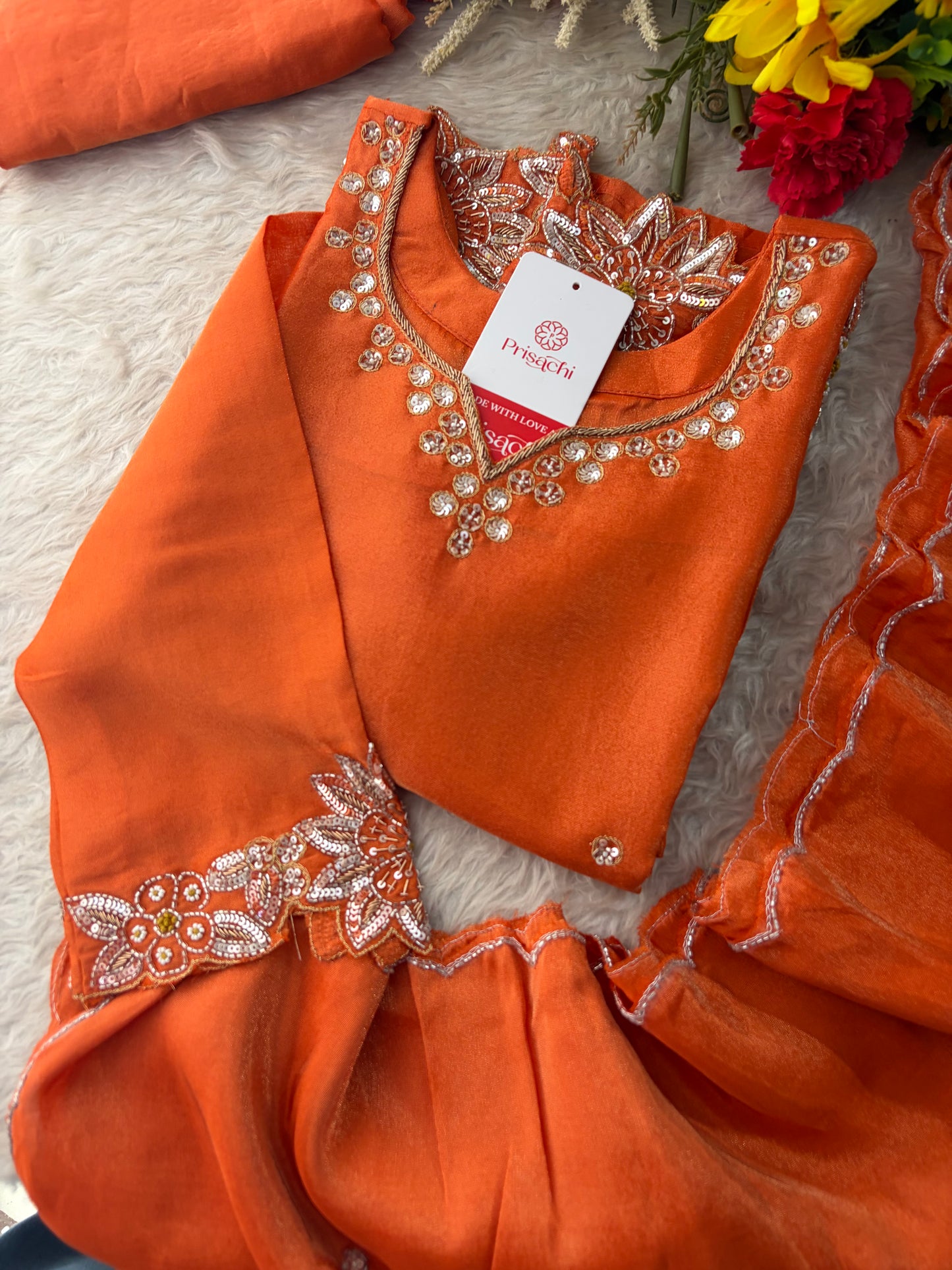 Orange Zardozi Embroidered Kurta Set for Women with Dupatta & Flared Pants | Designer Ethnic Suit Set