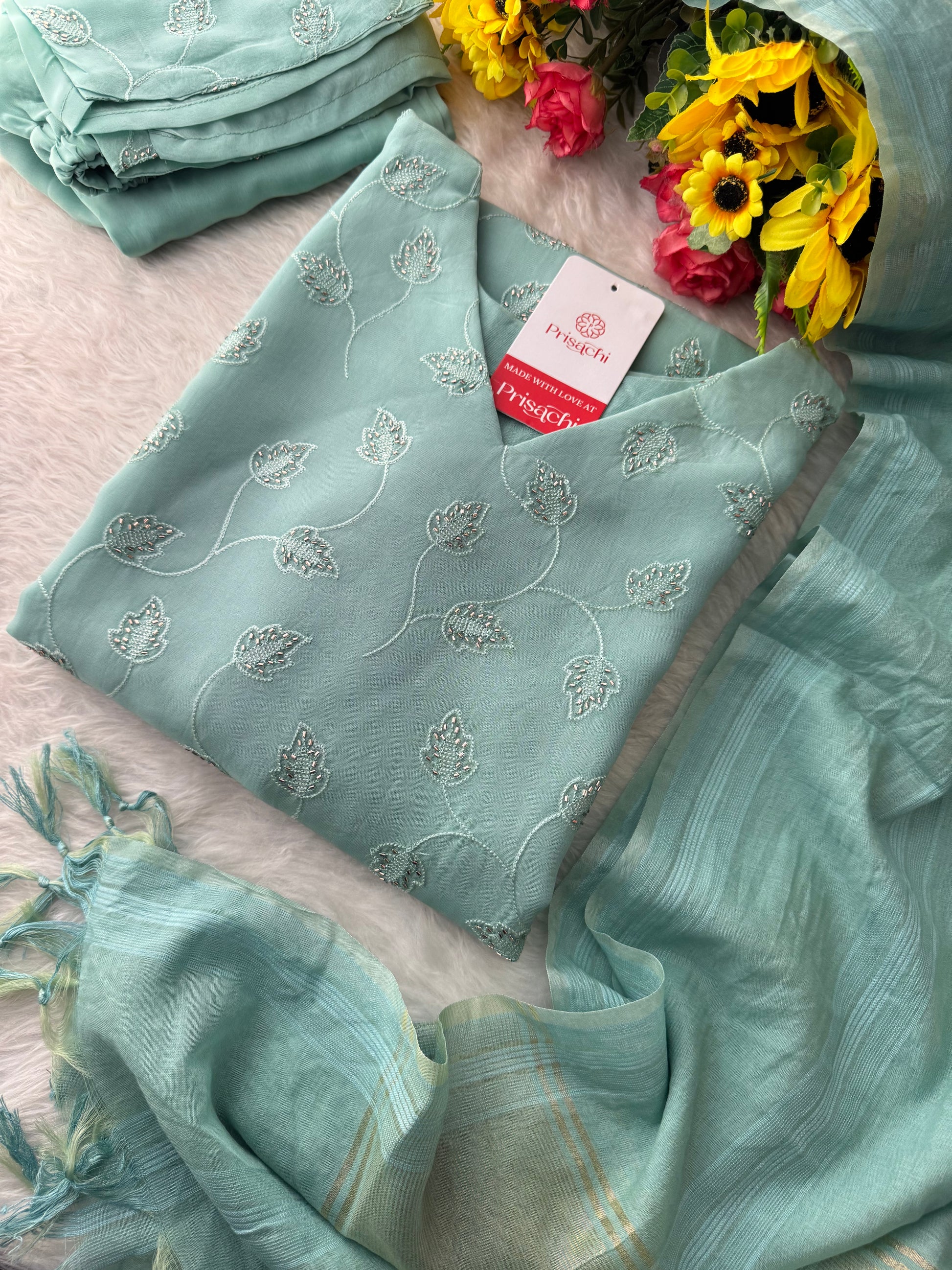Sky Blue Embroidered Kurta Set with Pants and Dupatta – Elegant Ethnic Wear - Prisachi Official