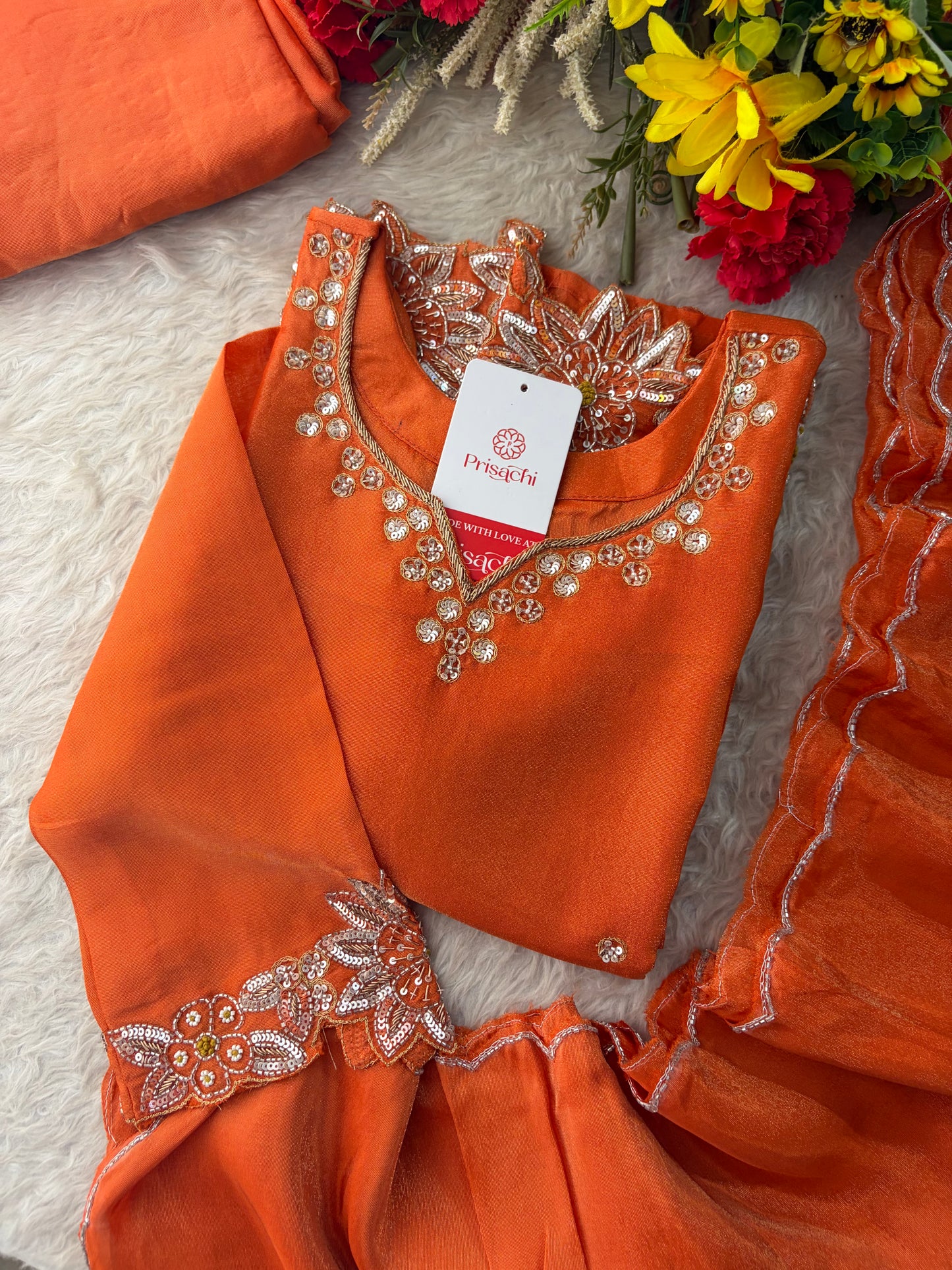 Orange Zardozi Embroidered Kurta Set for Women with Dupatta & Flared Pants | Designer Ethnic Suit Set