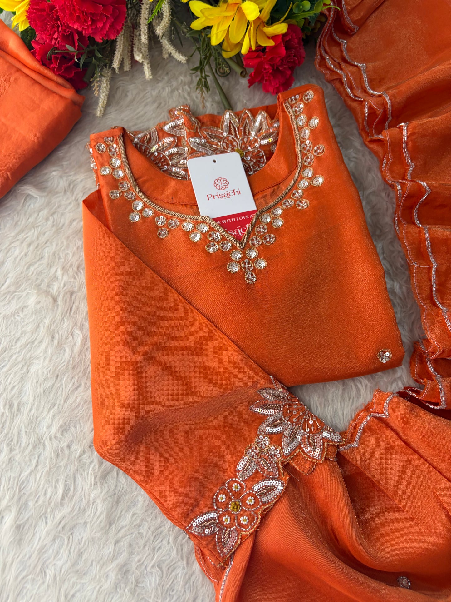 Orange Zardozi Embroidered Kurta Set for Women with Dupatta & Flared Pants | Designer Ethnic Suit Set